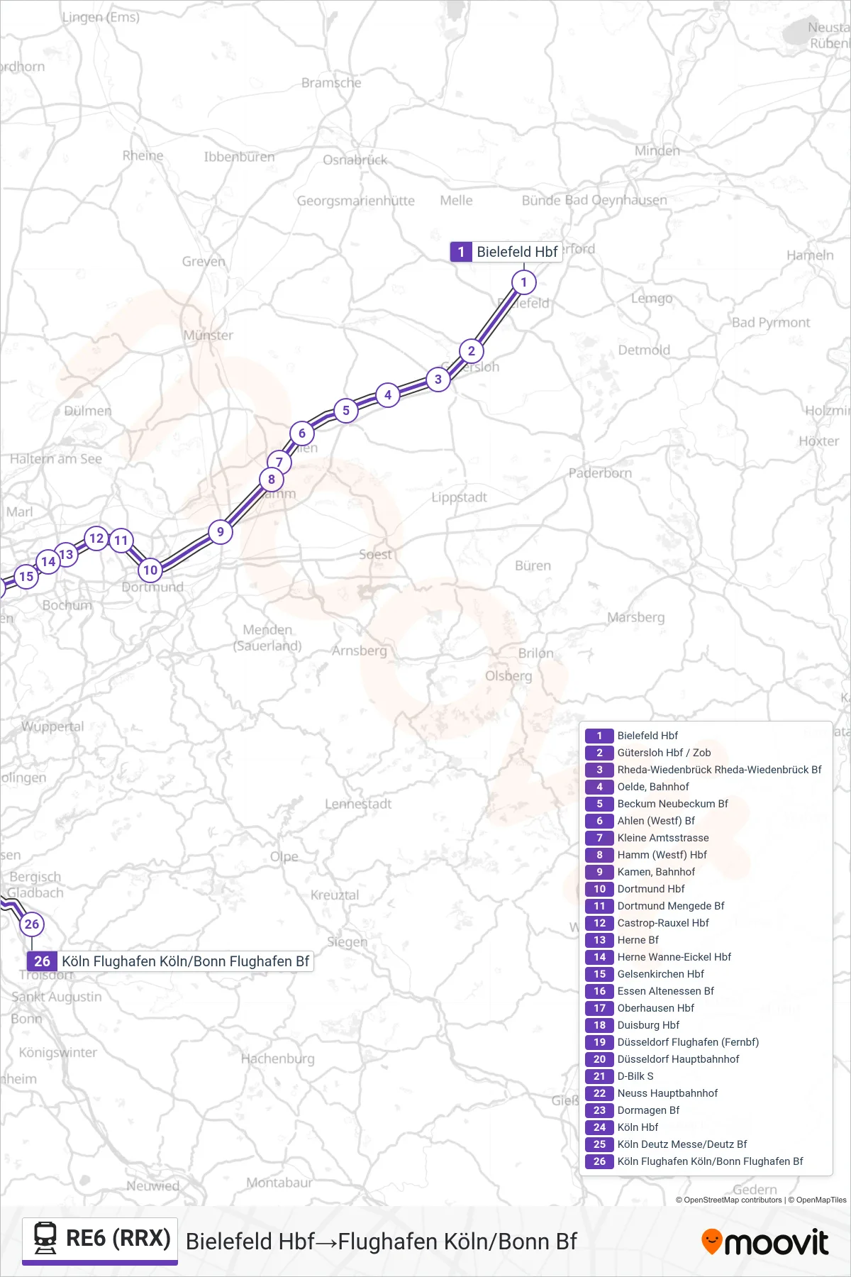 RE6 (RRX) train Line (Bielefeld Hbf‎→Flughafen Köln/Bonn Bf) route and stops on a map