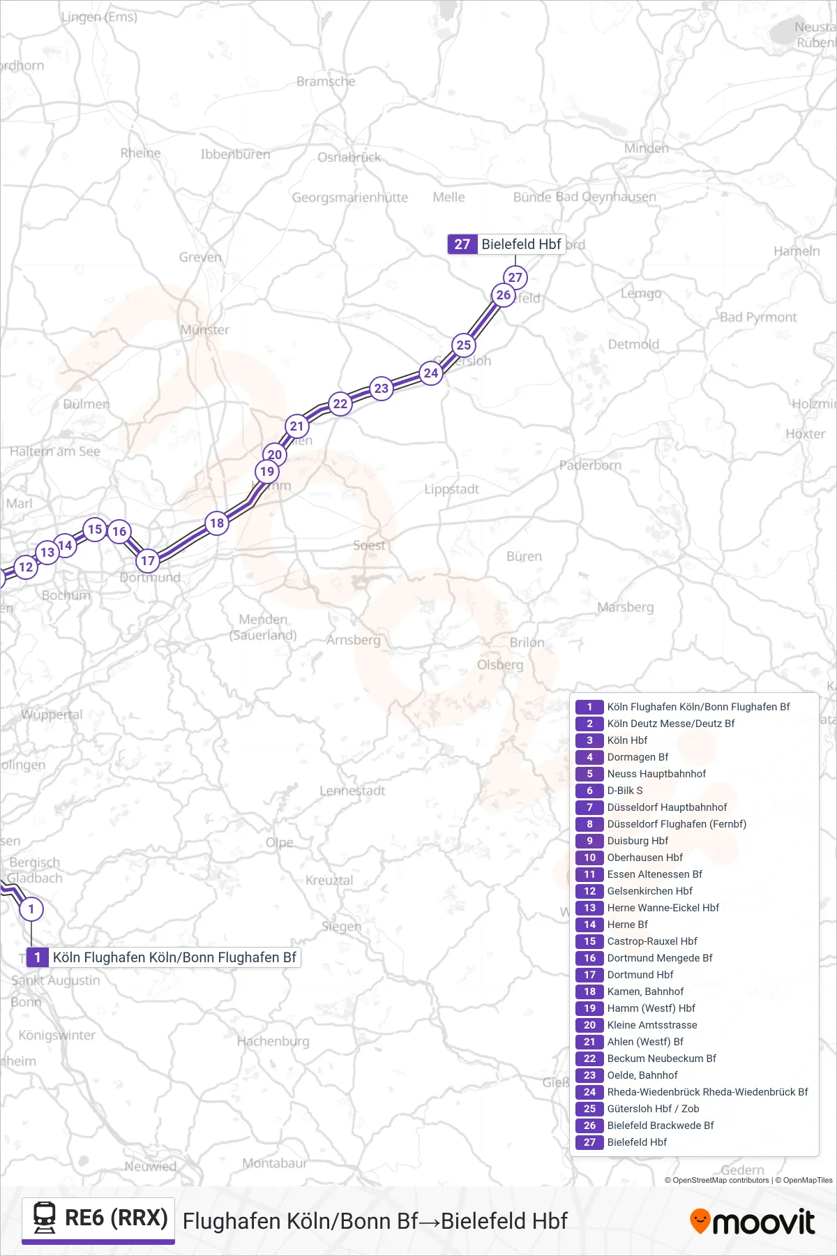 RE6 (RRX) train Line (Flughafen Köln/Bonn Bf‎→Bielefeld Hbf) route and stops on a map