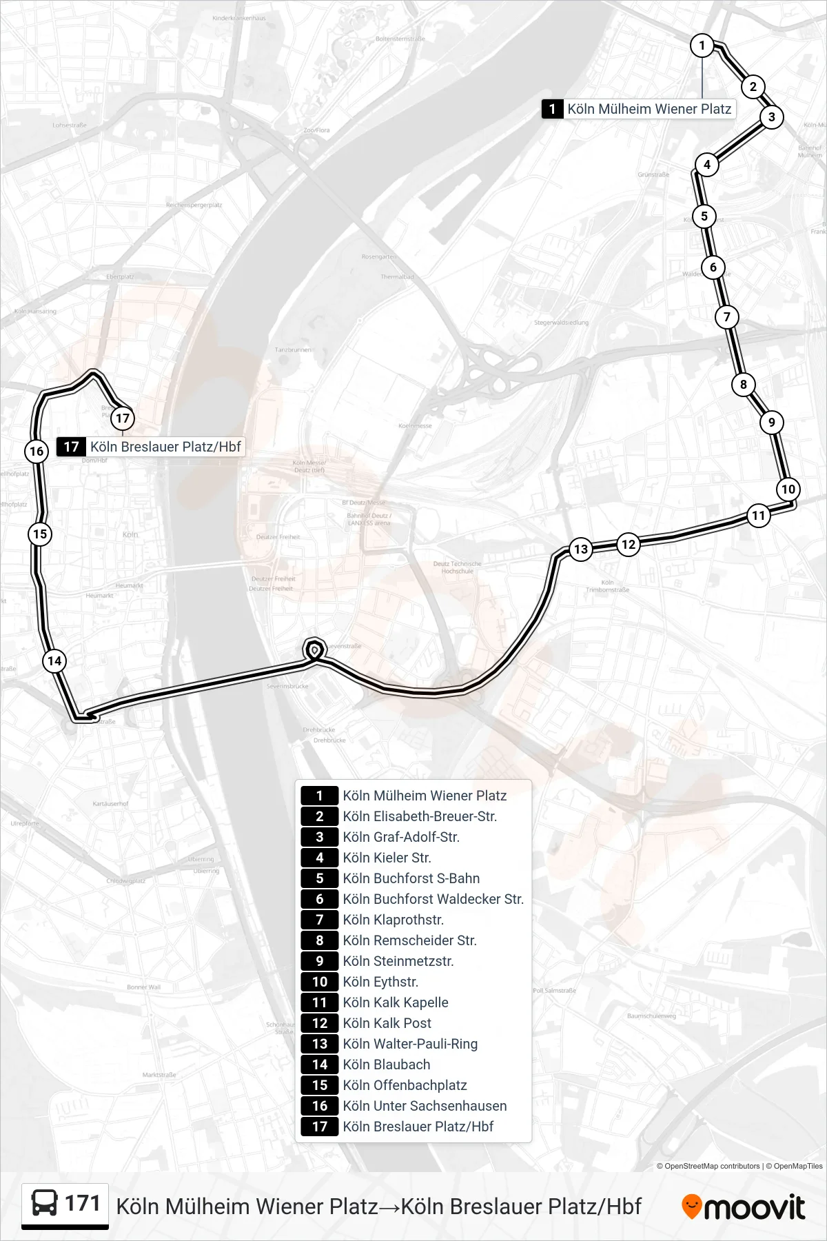 Linie 171 (Bus) Richtung Köln Mülheim Wiener Platz‎→Köln Breslauer Platz/Hbf: Route und Haltestellen auf der Karte