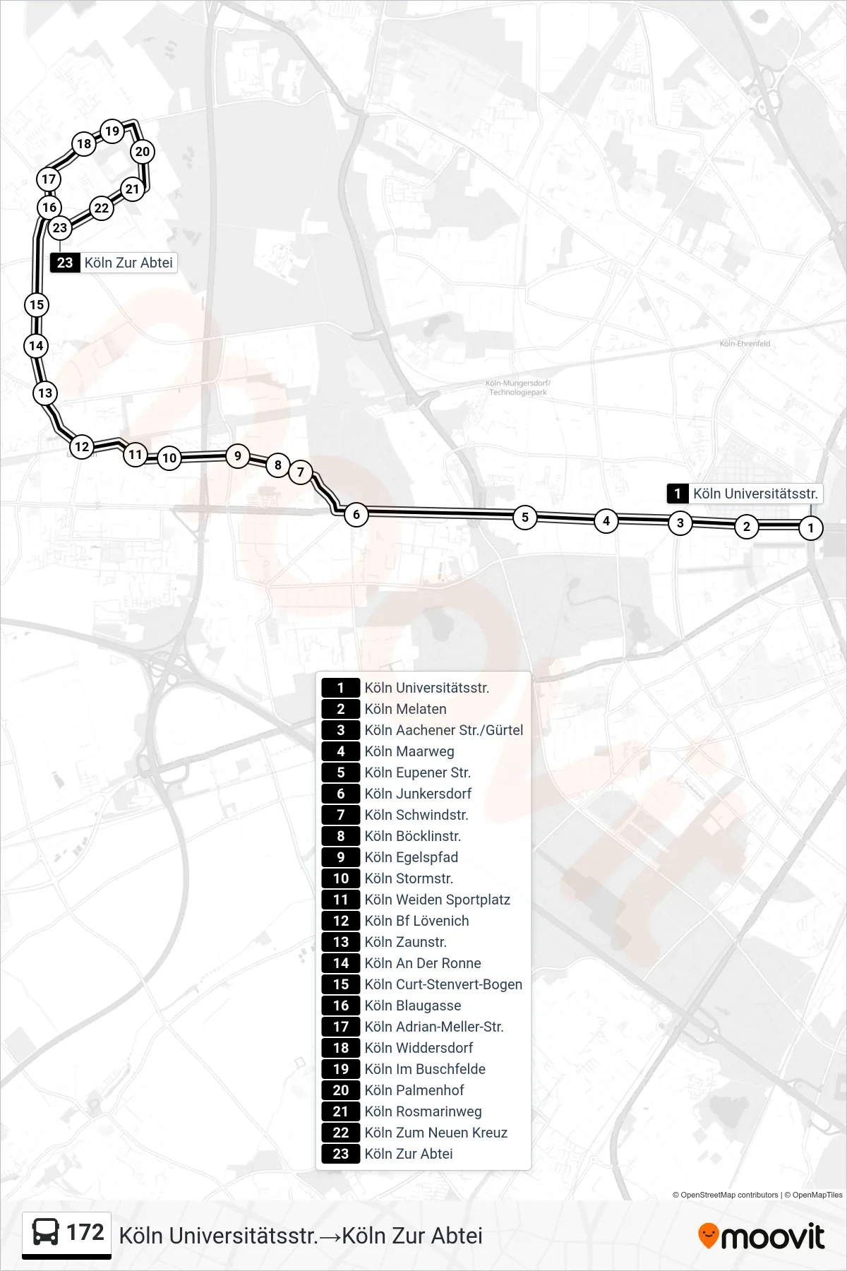Linie 172 (Bus) Richtung Köln Universitätsstr.‎→Köln Zur Abtei: Route und Haltestellen auf der Karte