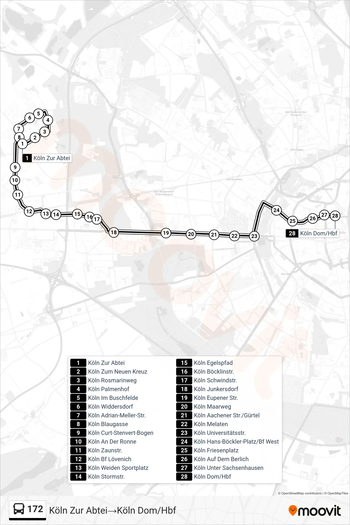 Linie 172 (Bus) Richtung Köln Zur Abtei→Köln Dom/Hbf: Route und Haltestellen auf der Karte