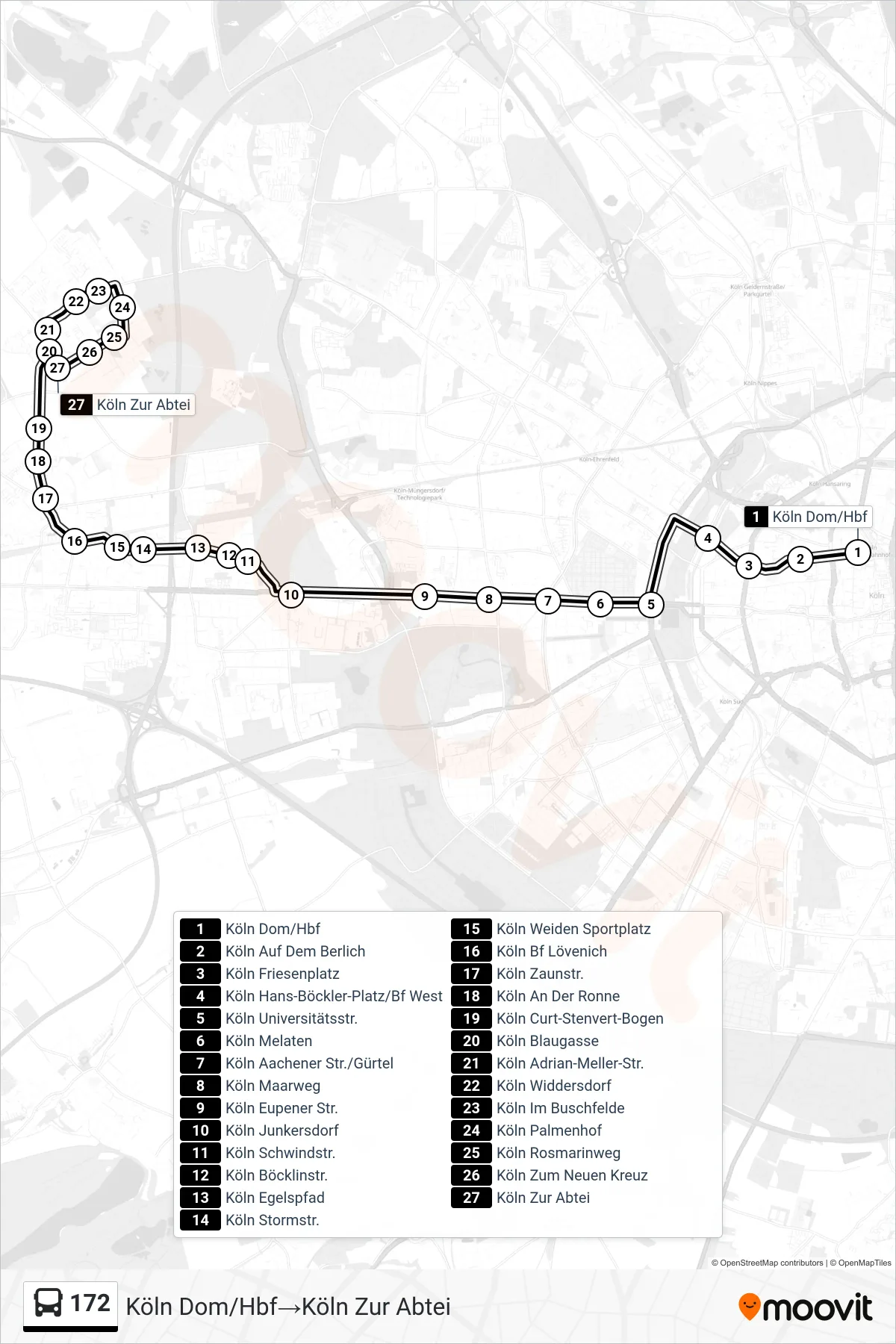 Linie 172 (Bus) Richtung Köln Dom/Hbf‎→Köln Zur Abtei: Route und Haltestellen auf der Karte