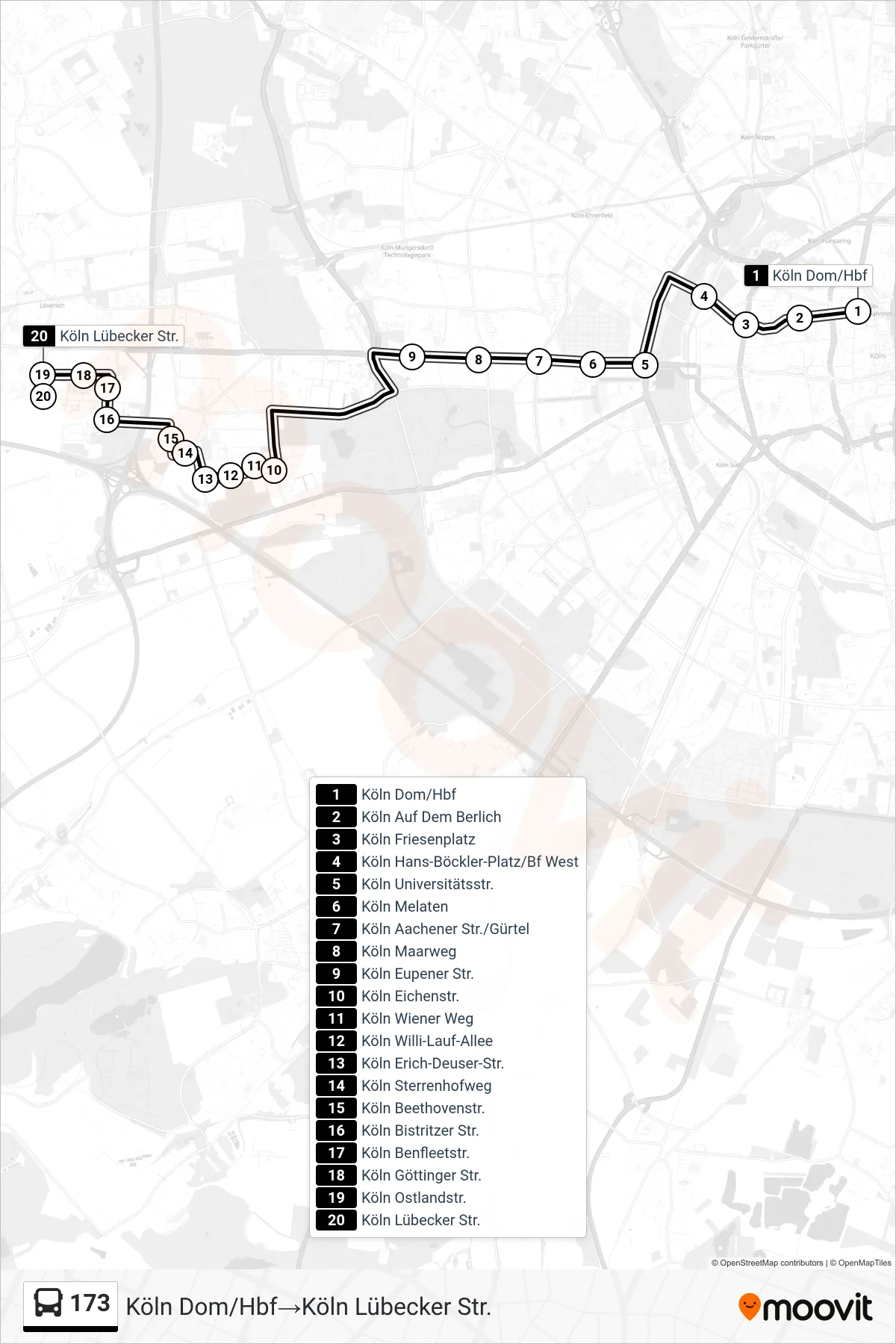 Linie 173 (Bus) Richtung Köln Dom/Hbf→Köln Lübecker Str.: Route und Haltestellen auf der Karte