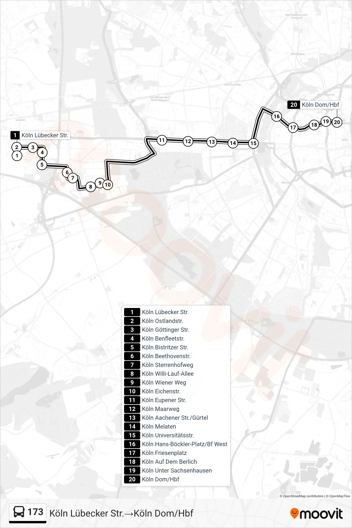 173 bus Line (Köln Lübecker Str.→Köln Dom/Hbf) route and stops on a map