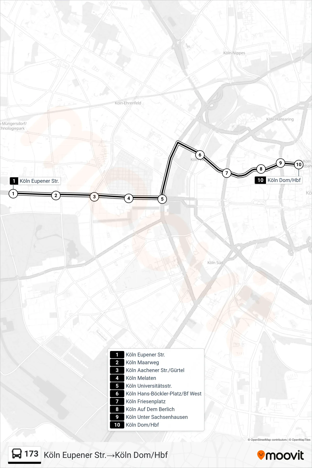 Linie 173 (Bus) Richtung Köln Eupener Str.‎→Köln Dom/Hbf: Route und Haltestellen auf der Karte