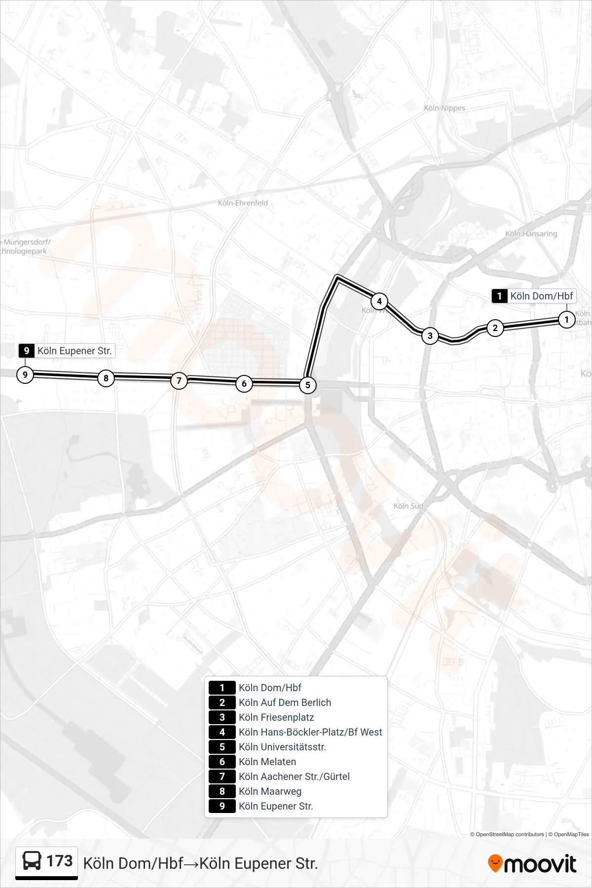 Linie 173 (Bus) Richtung Köln Dom/Hbf‎→Köln Eupener Str.: Route und Haltestellen auf der Karte