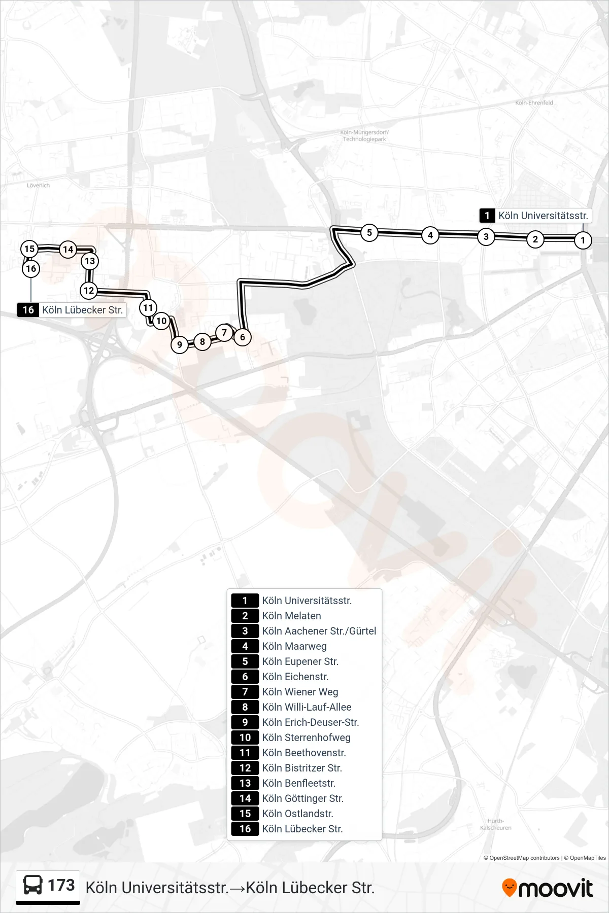 Linie 173 (Bus) Richtung Köln Universitätsstr.→Köln Lübecker Str.: Route und Haltestellen auf der Karte