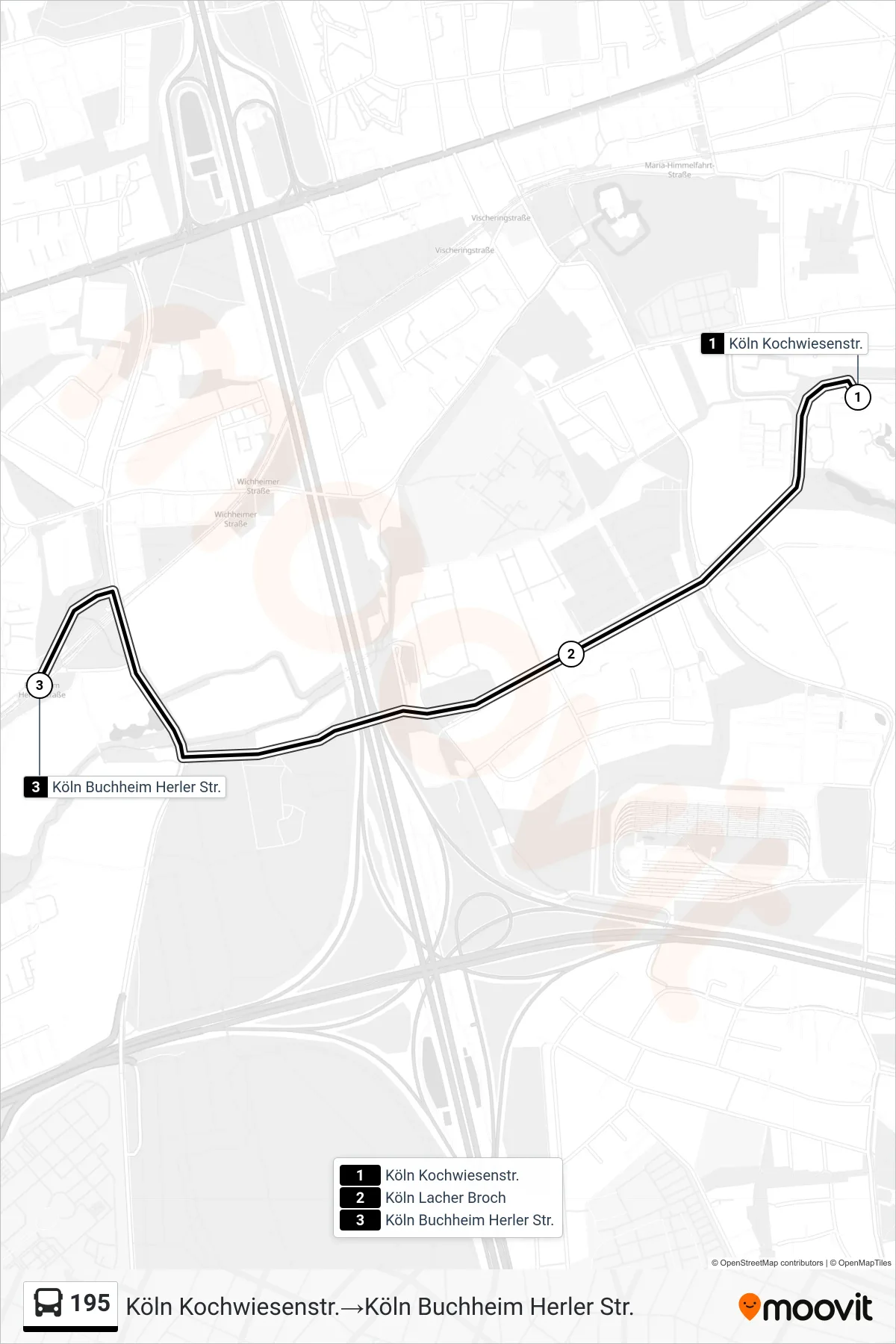 Linie 195 (Bus) Richtung Köln Kochwiesenstr.‎→Köln Buchheim Herler Str.: Route und Haltestellen auf der Karte