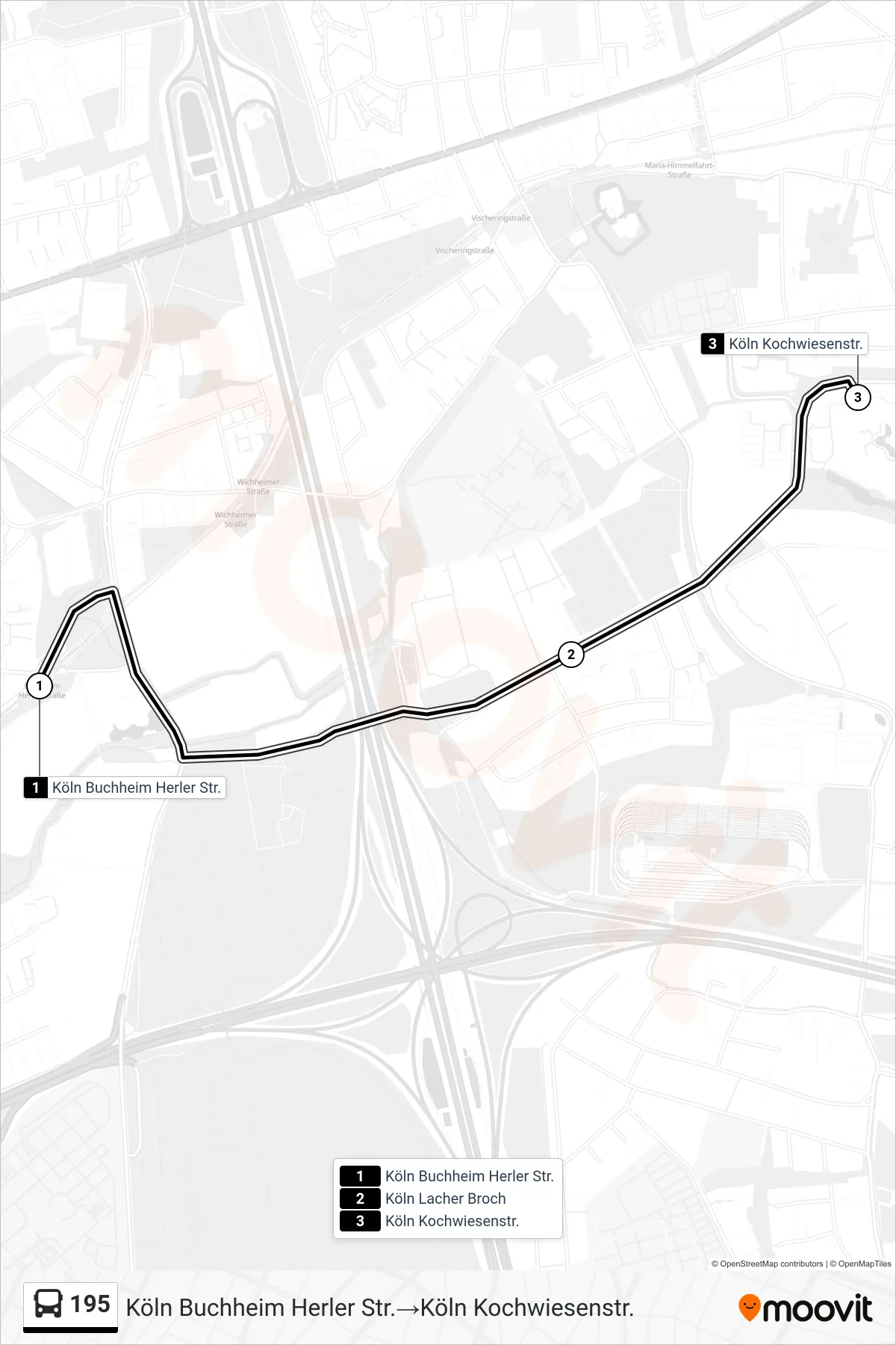 195 bus Line (Köln Buchheim Herler Str.‎→Köln Kochwiesenstr.) route and stops on a map
