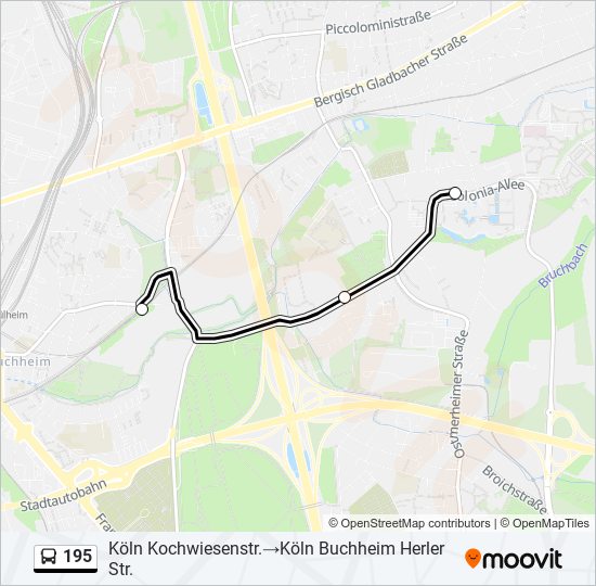 Bus 195 Route Map 195 Route: Schedules, Stops & Maps - Köln Kochwiesenstr.‎→Köln Buchheim  Herler Str. (Updated)