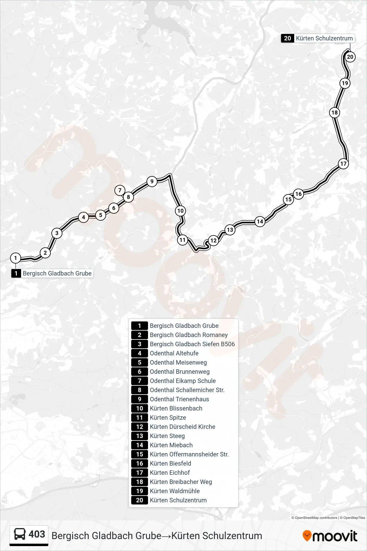 Linie 403 (Bus) Richtung Bergisch Gladbach Grube→Kürten Schulzentrum: Route und Haltestellen auf der Karte