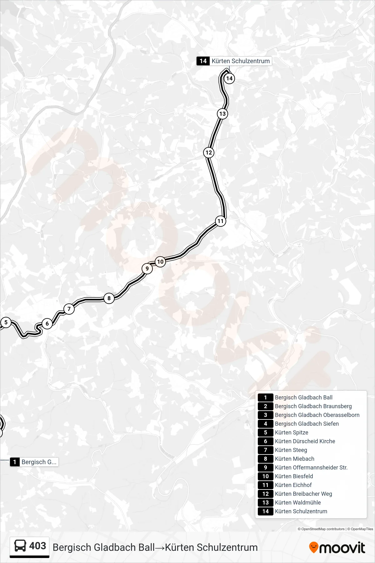 Linie 403 (Bus) Richtung Bergisch Gladbach Ball→Kürten Schulzentrum: Route und Haltestellen auf der Karte