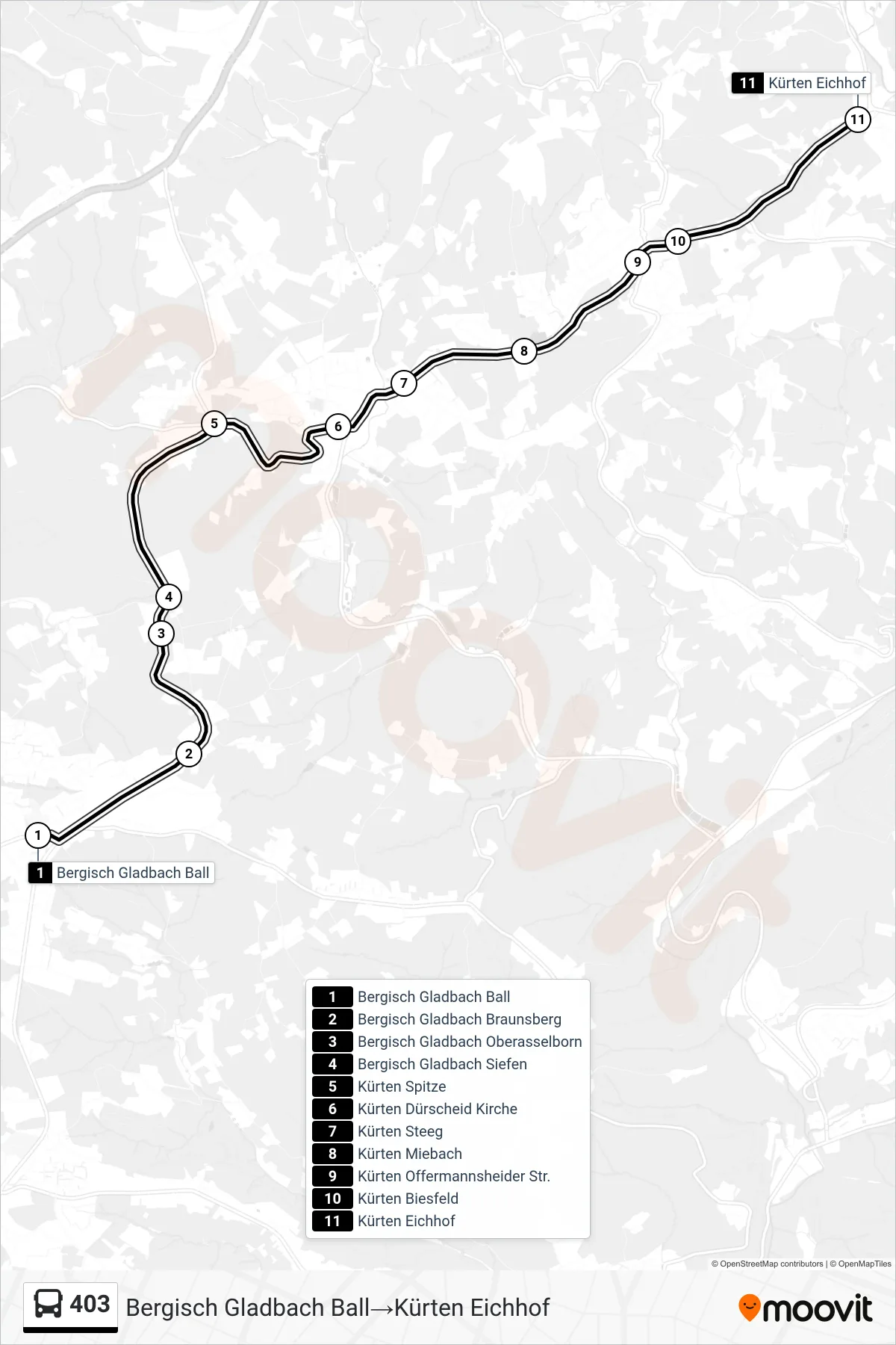 Linie 403 (Bus) Richtung Bergisch Gladbach Ball‎→Kürten Eichhof: Route und Haltestellen auf der Karte