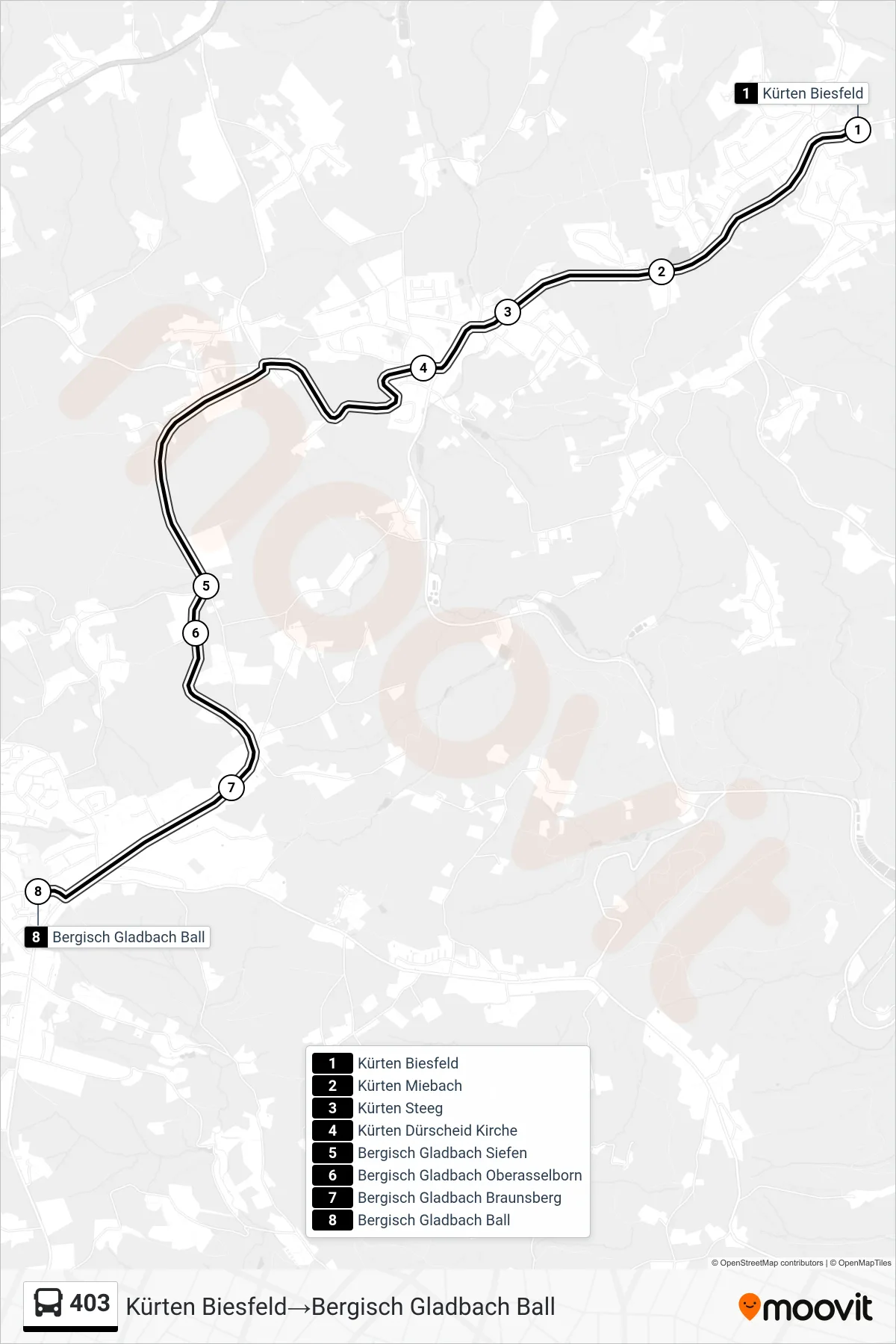 Linie 403 (Bus) Richtung Kürten Biesfeld→Bergisch Gladbach Ball: Route und Haltestellen auf der Karte