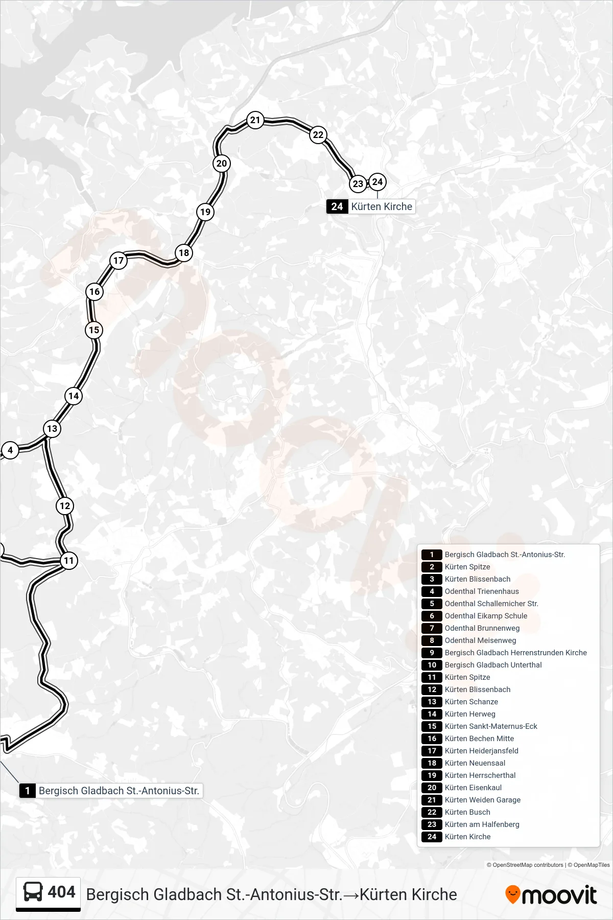 404 bus Line (Bergisch Gladbach St.-Antonius-Str.‎→Kürten Kirche) route and stops on a map