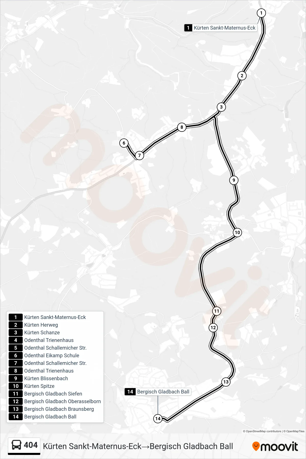404 bus Line (Kürten Sankt-Maternus-Eck‎→Bergisch Gladbach Ball) route and stops on a map