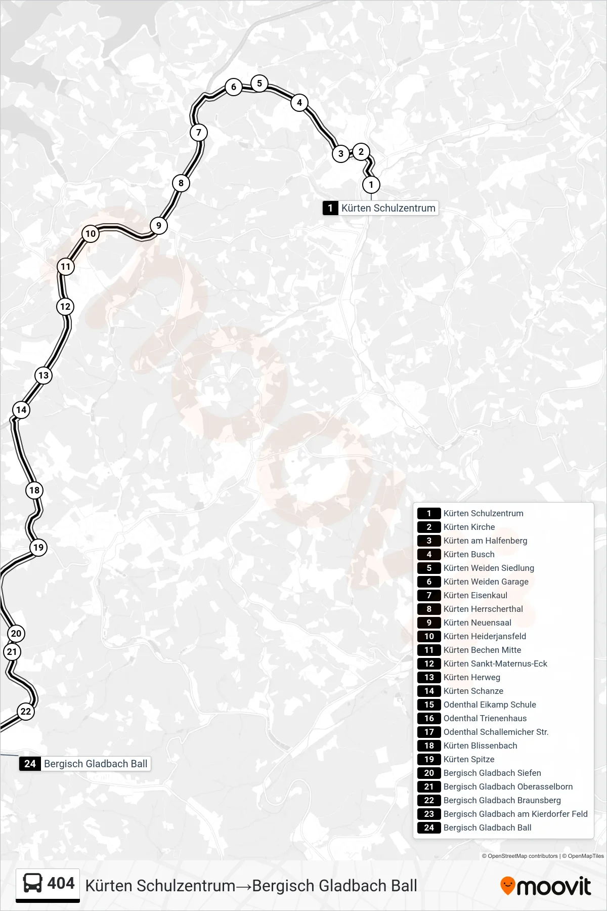 Linie 404 (Bus) Richtung Kürten Schulzentrum→Bergisch Gladbach Ball: Route und Haltestellen auf der Karte