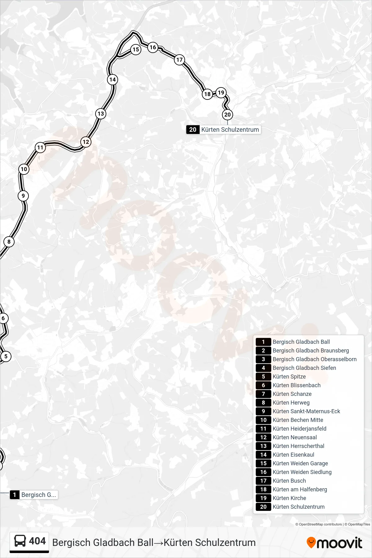 404 bus Line (Bergisch Gladbach Ball‎→Kürten Schulzentrum) route and stops on a map