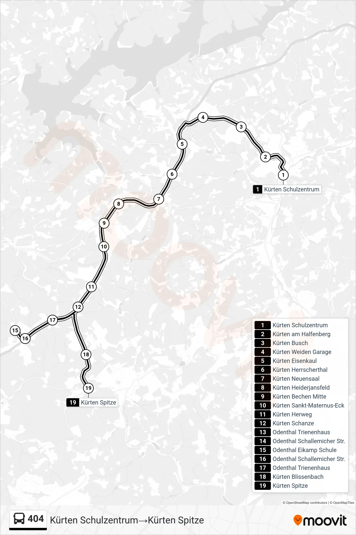 404 bus Line (Kürten Schulzentrum‎→Kürten Spitze) route and stops on a map