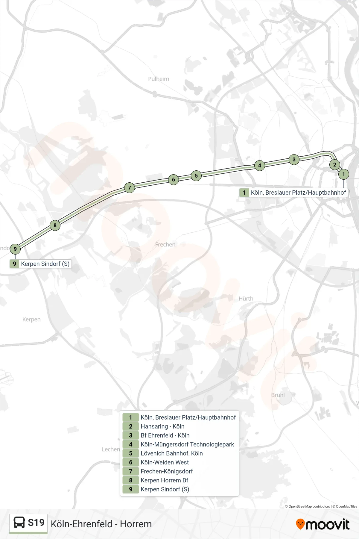 Linie S19 (Bus) Richtung Sindorf Bahnhof, Kerpen (Rheinland): Route und Haltestellen auf der Karte