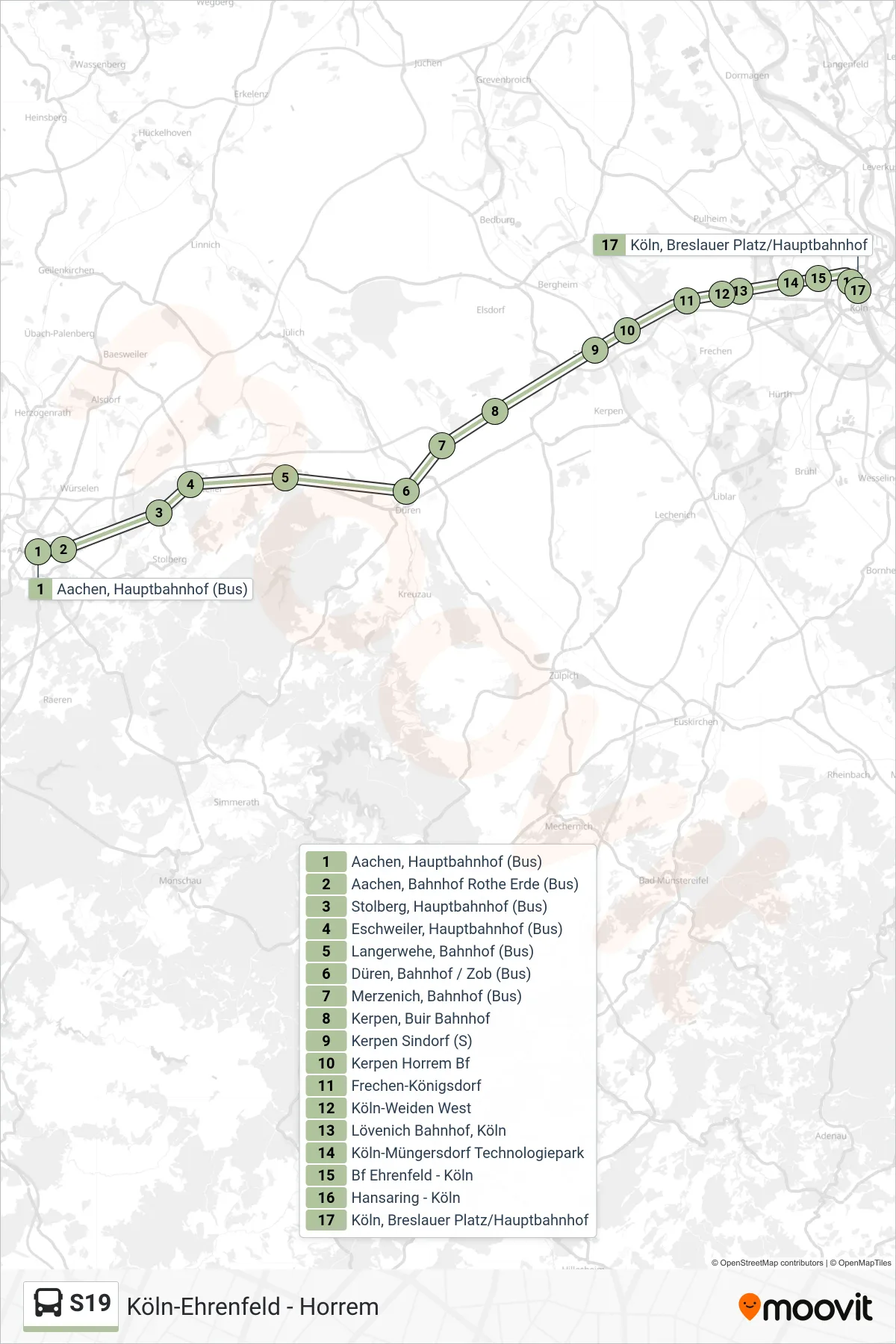 Linie S19 (Bus) Richtung Breslauer Platz/Hauptbahnhof, Köln: Route und Haltestellen auf der Karte
