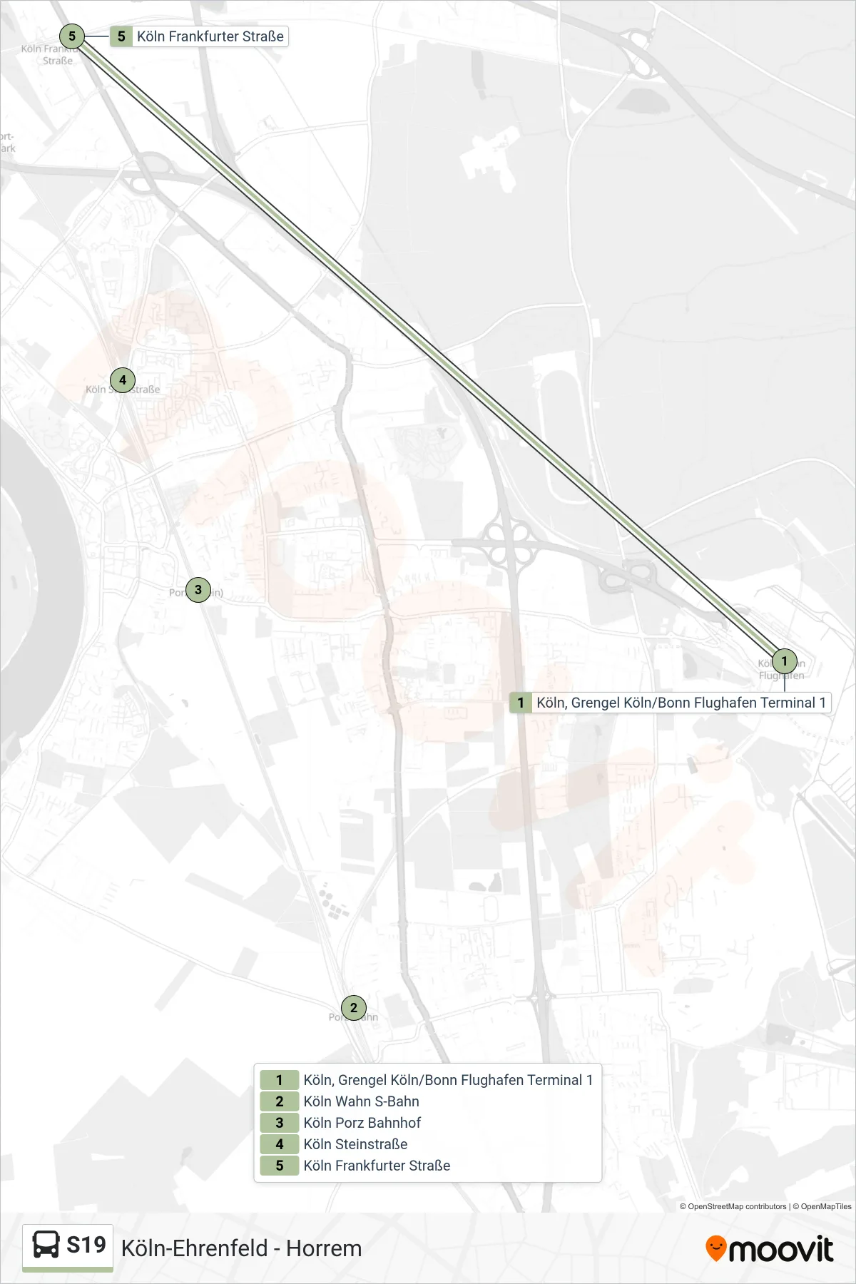 S19 bus Line (Frankfurter Straße, Köln) route and stops on a map