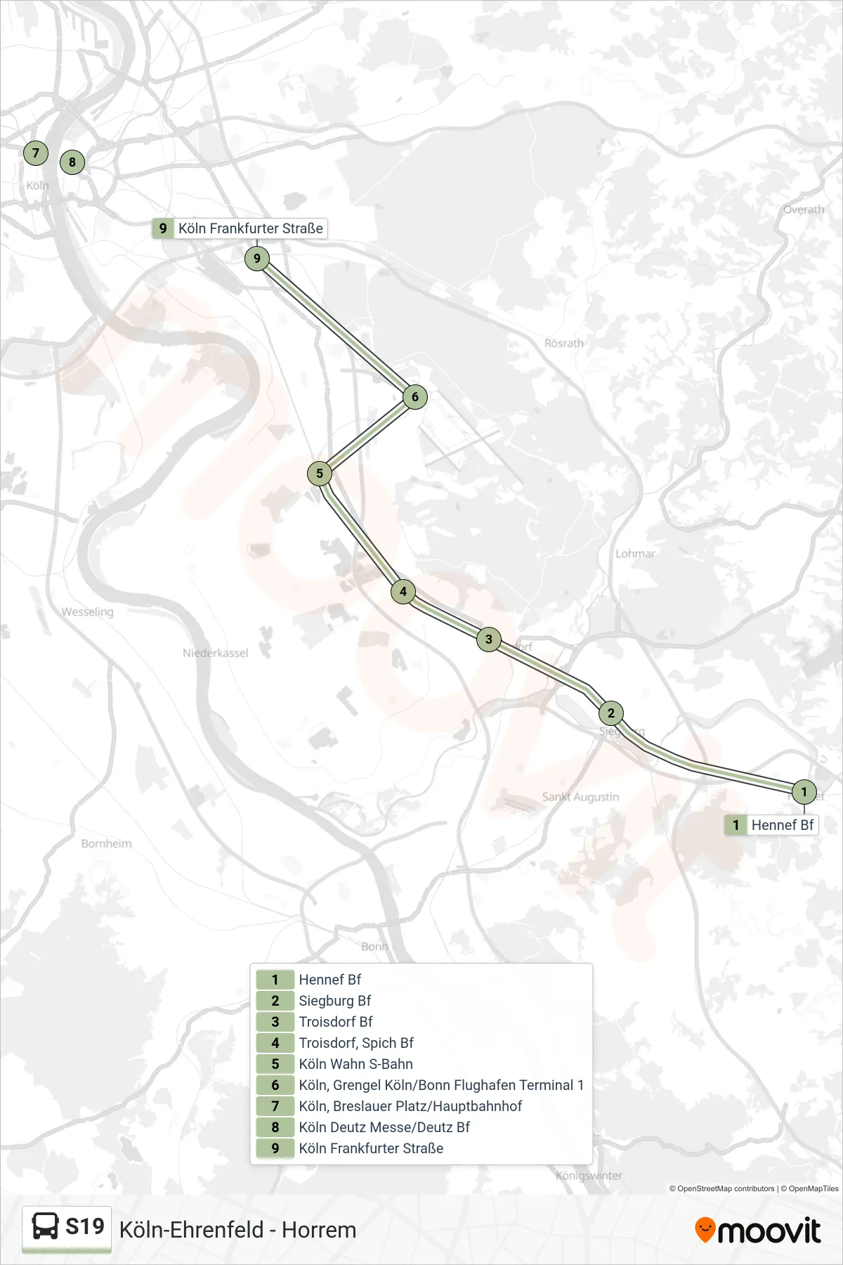 Linie S19 (Bus) Richtung Frankfurter Straße, Köln: Route und Haltestellen auf der Karte