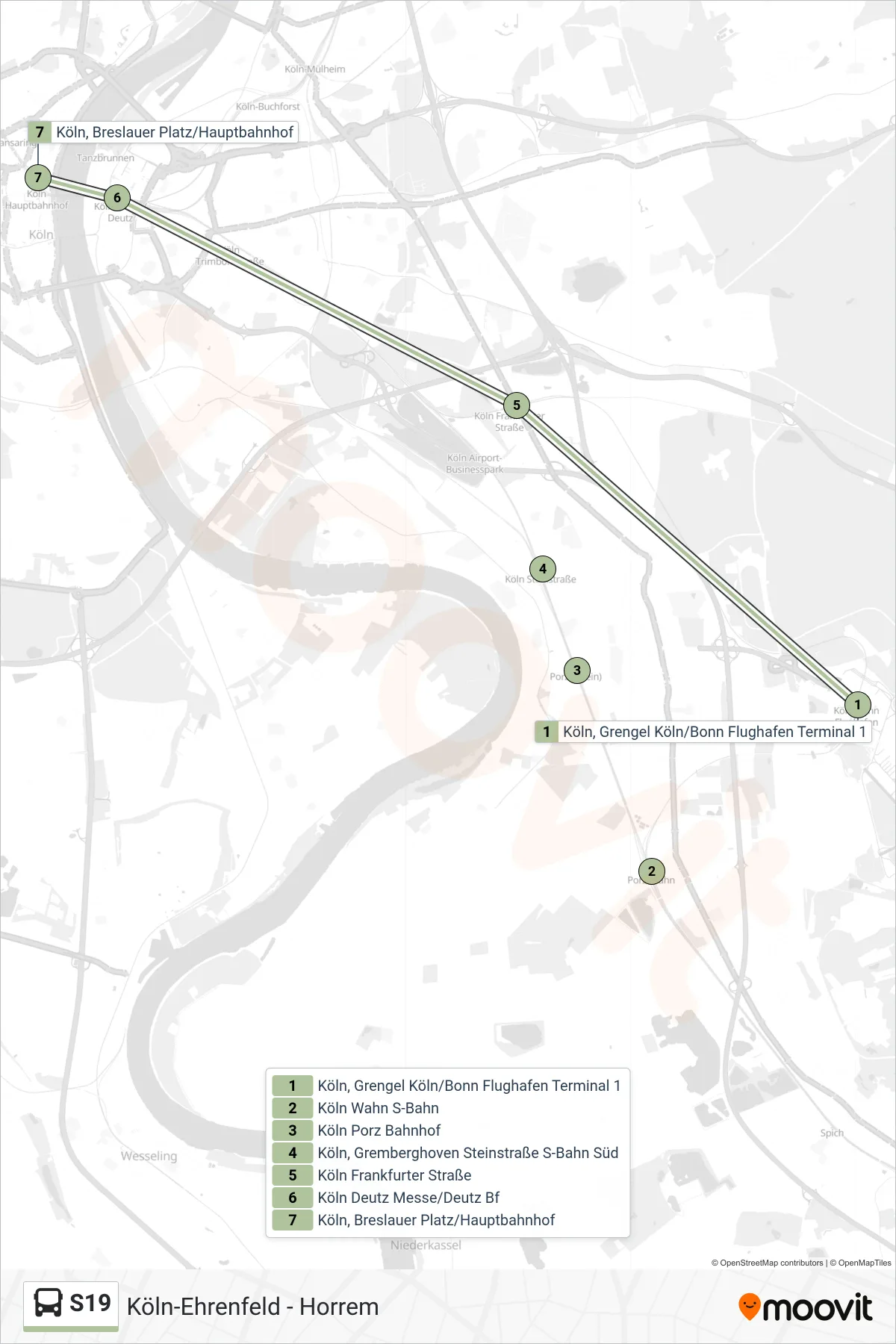 S19 bus Line (Breslauer Platz/Hauptbahnhof, Köln) route and stops on a map