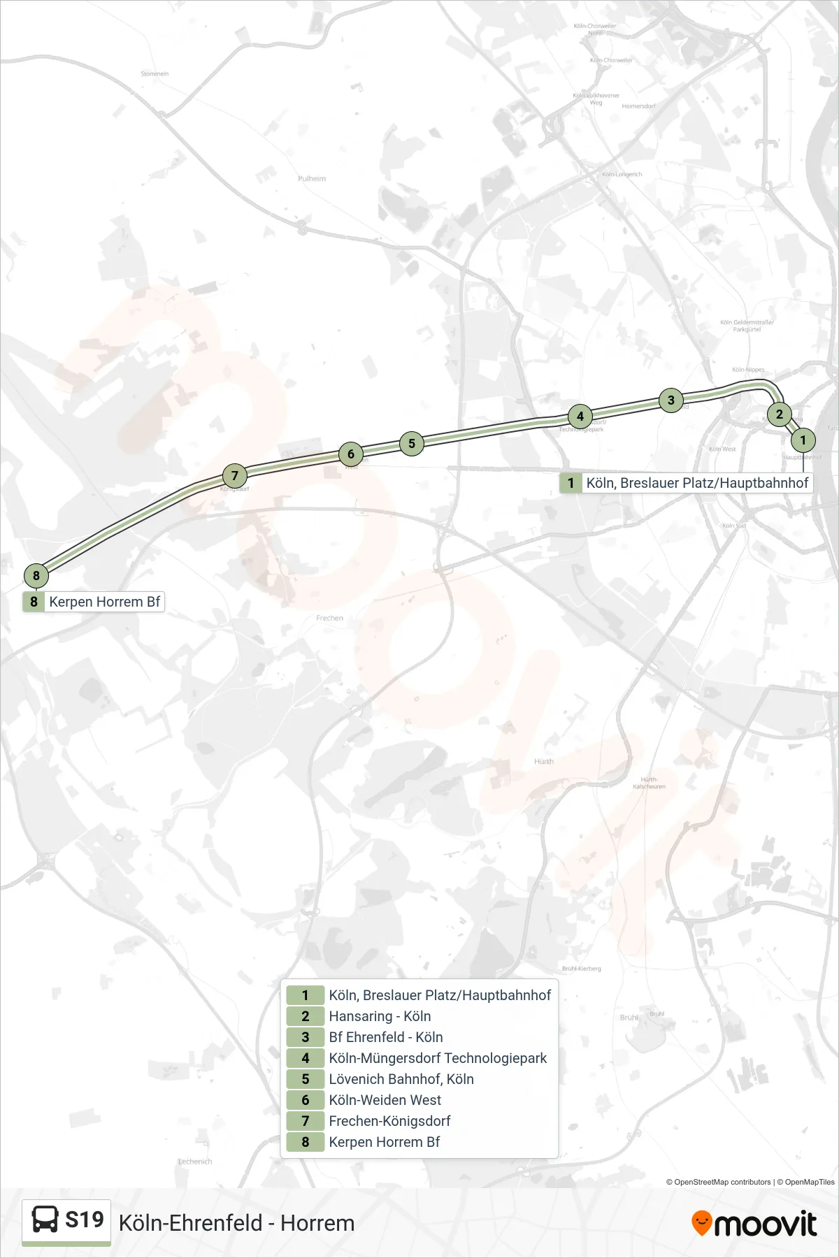 Linie S19 (Bus) Richtung Horrem Bahnhof, Kerpen (Rheinland): Route und Haltestellen auf der Karte