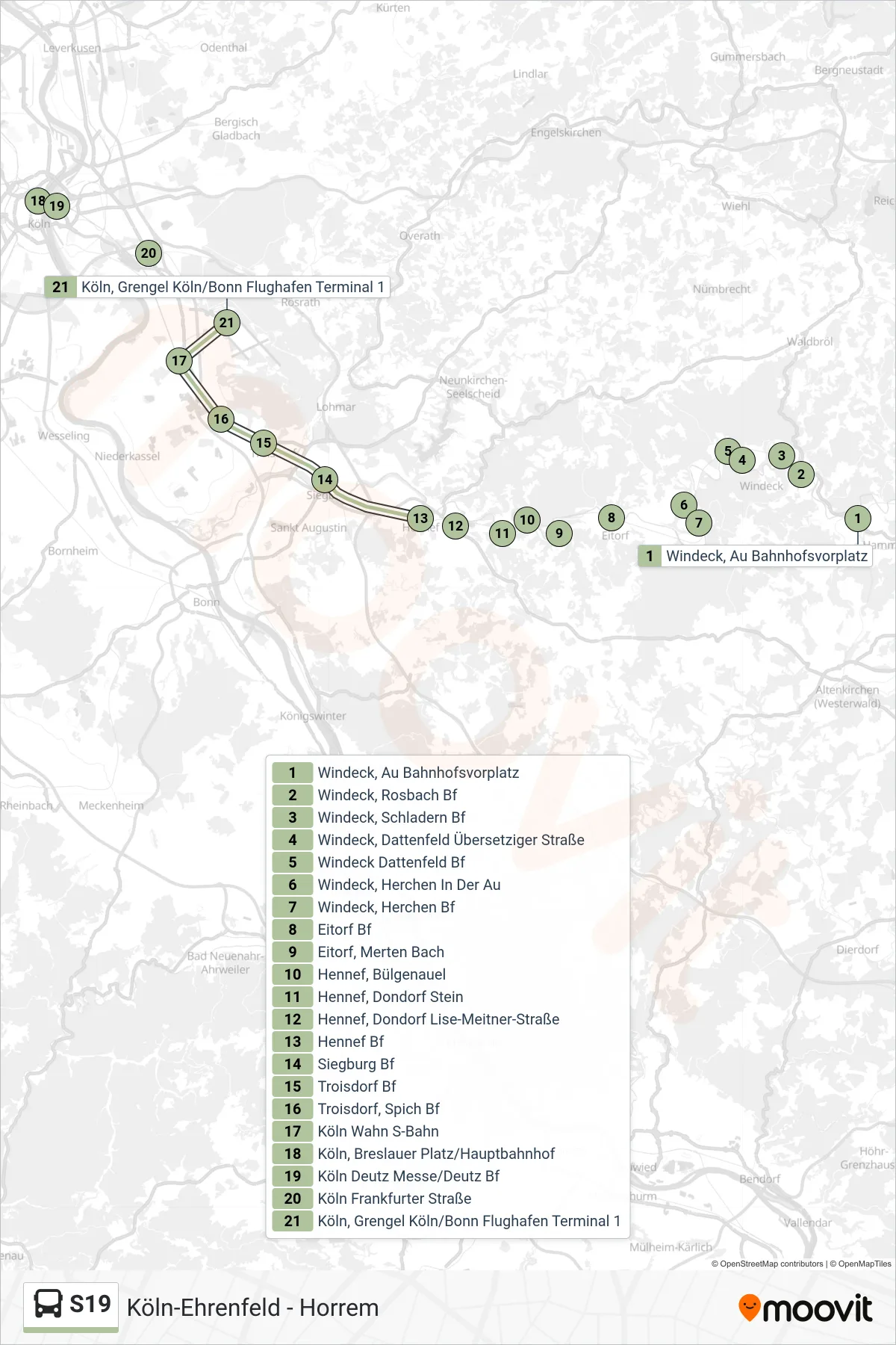 Linie S19 (Bus) Richtung Bonn Flughafen Terminal 1, Köln: Route und Haltestellen auf der Karte