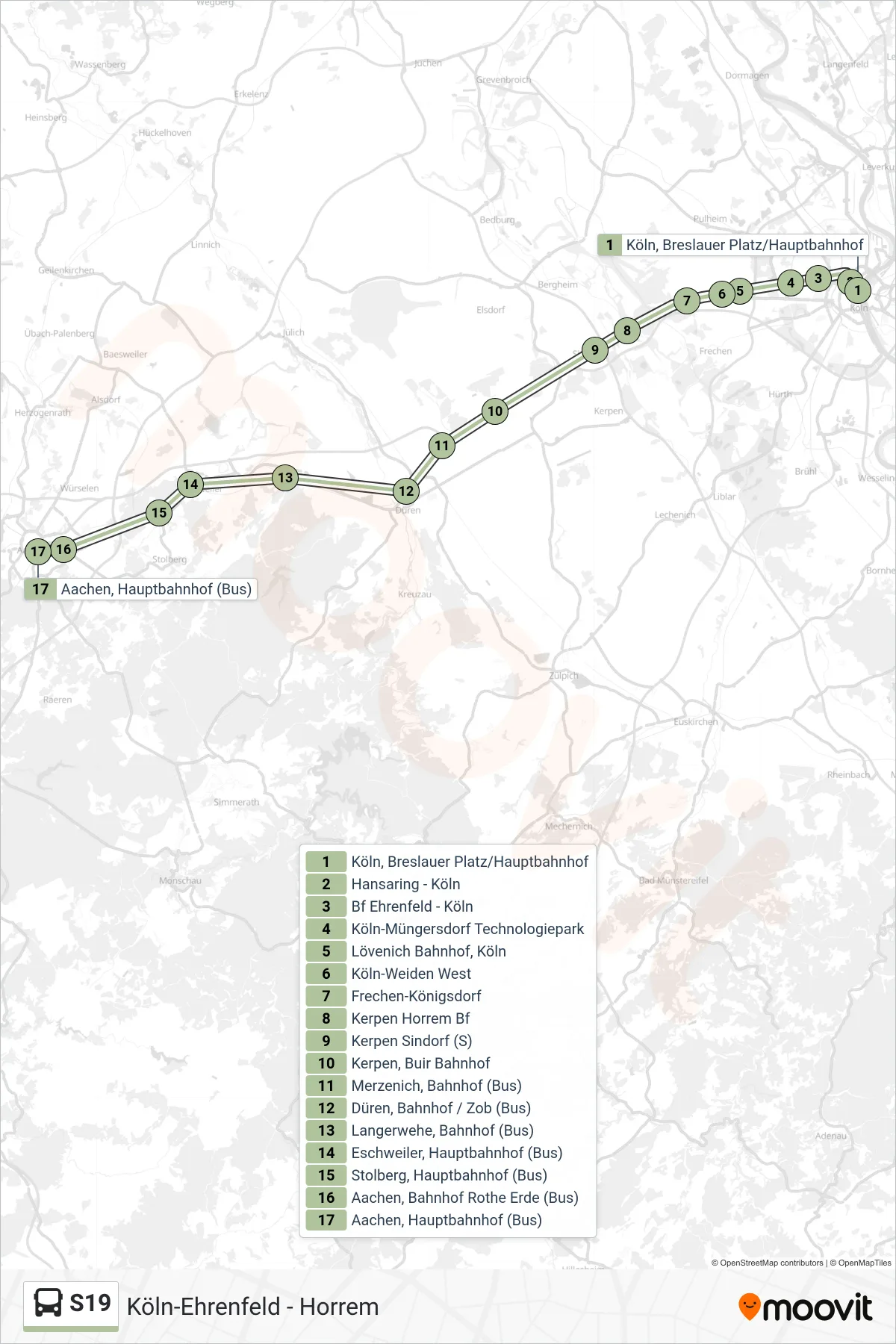Linie S19 (Bus) Richtung Hauptbahnhof, Aachen: Route und Haltestellen auf der Karte