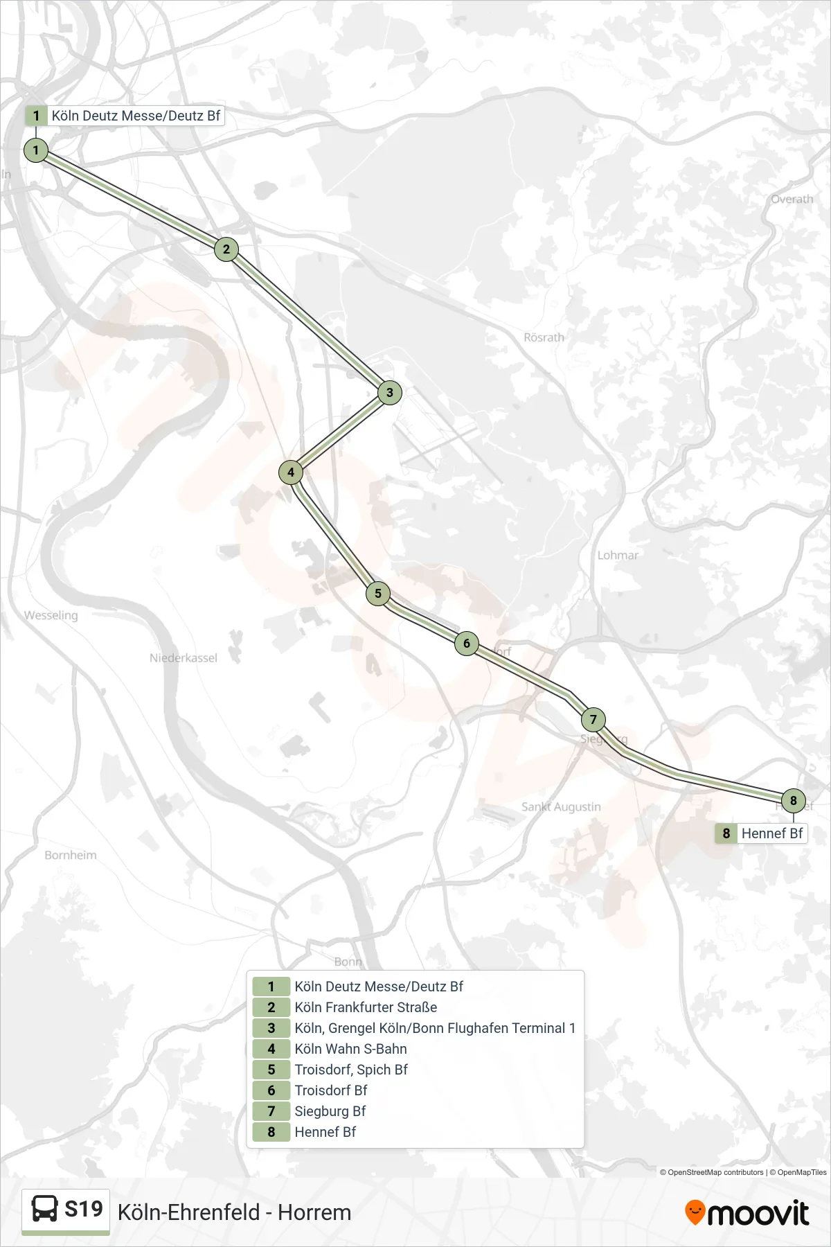 Linie S19 (Bus) Richtung Bahnhof, Hennef (Sieg): Route und Haltestellen auf der Karte