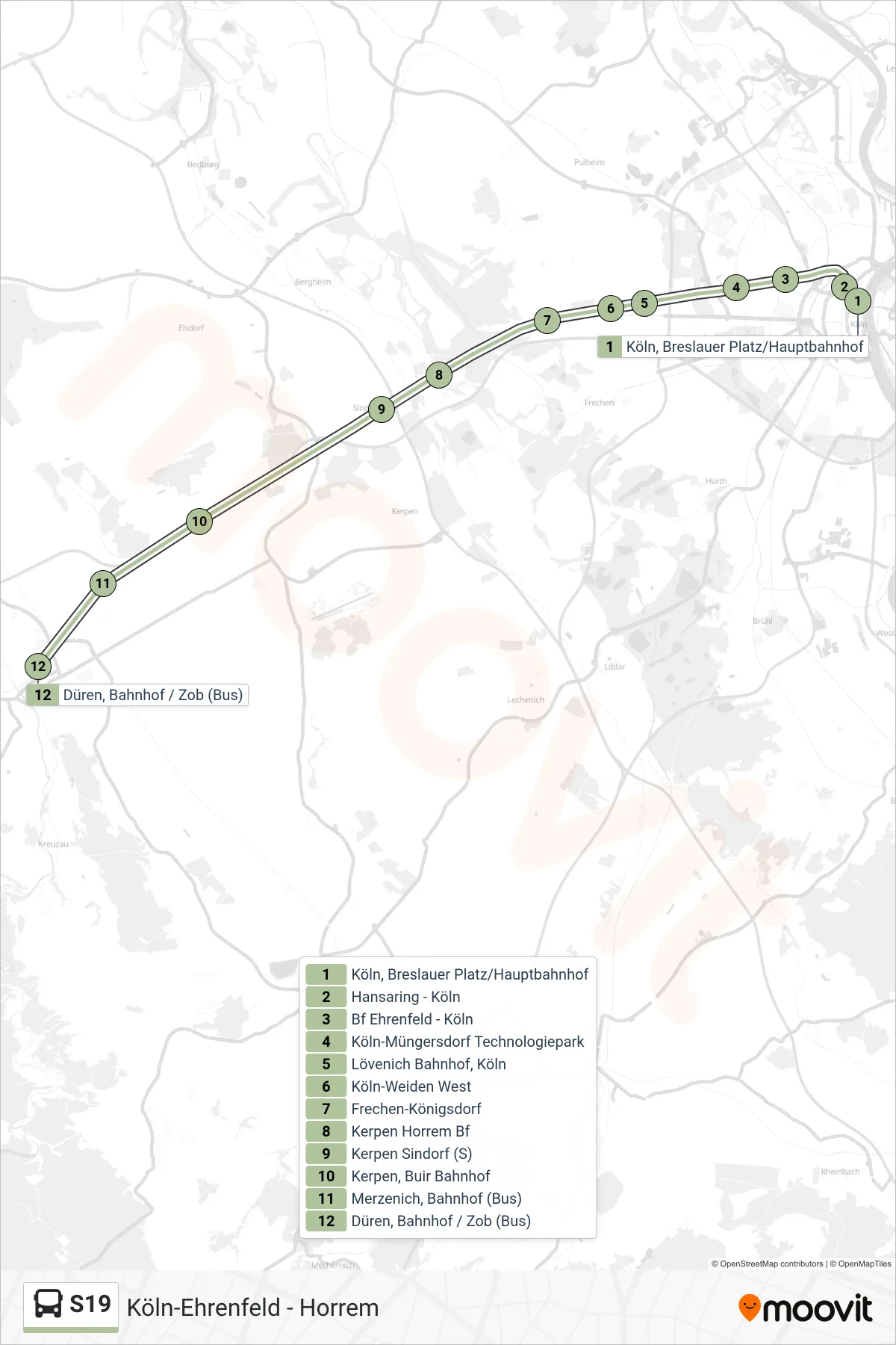 Linie S19 (Bus) Richtung Bahnhof/Zob, Düren: Route und Haltestellen auf der Karte