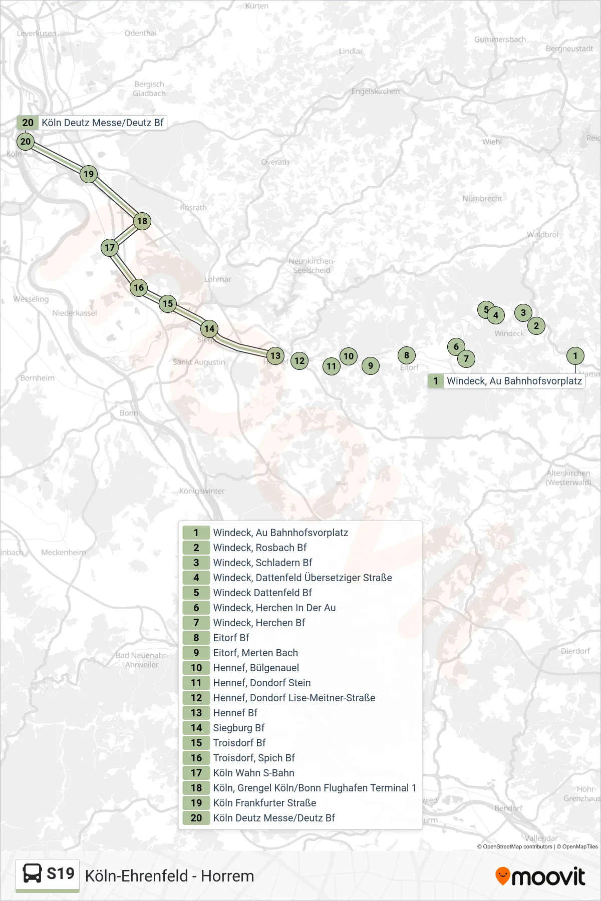 S19 bus Line (Messe/Deutz Bahnhof, Köln) route and stops on a map