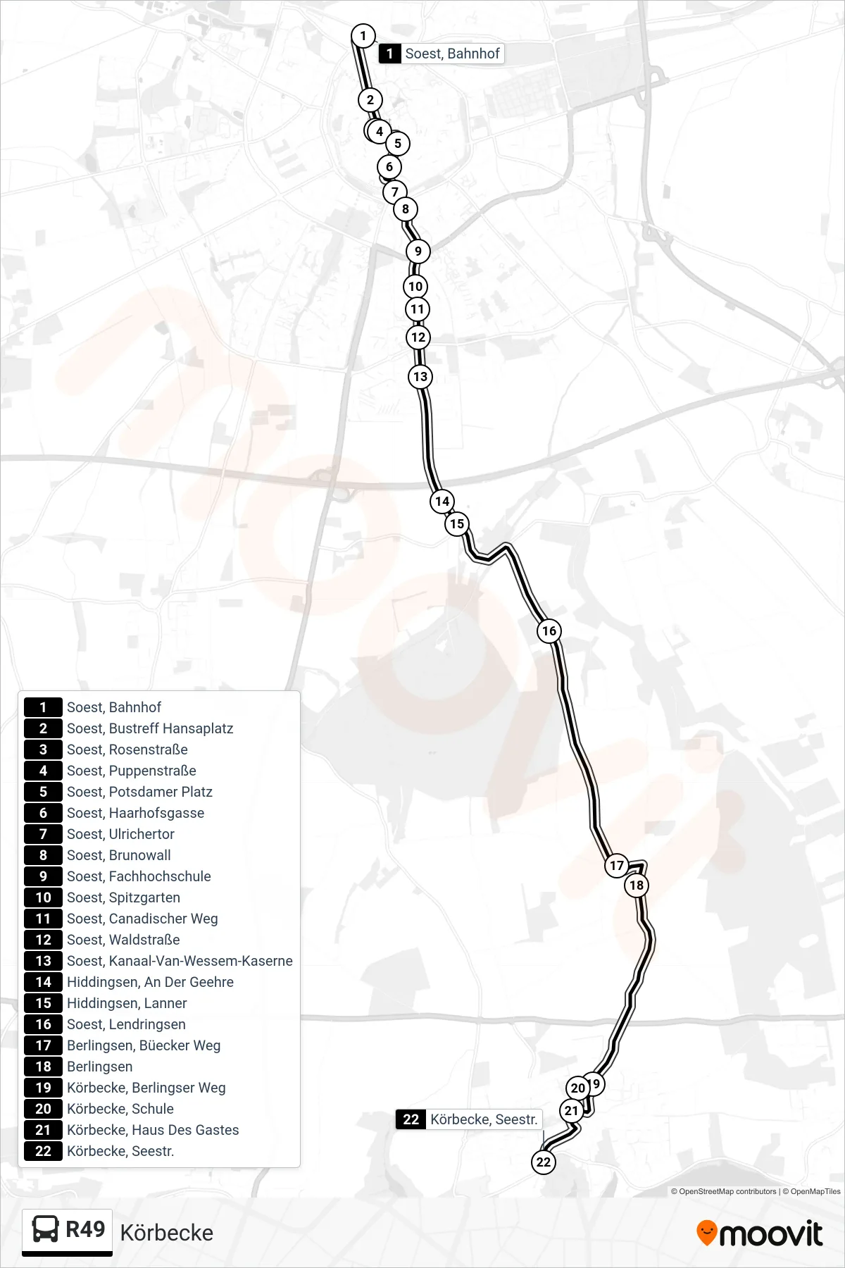 R49 bus Line (Körbecke) route and stops on a map