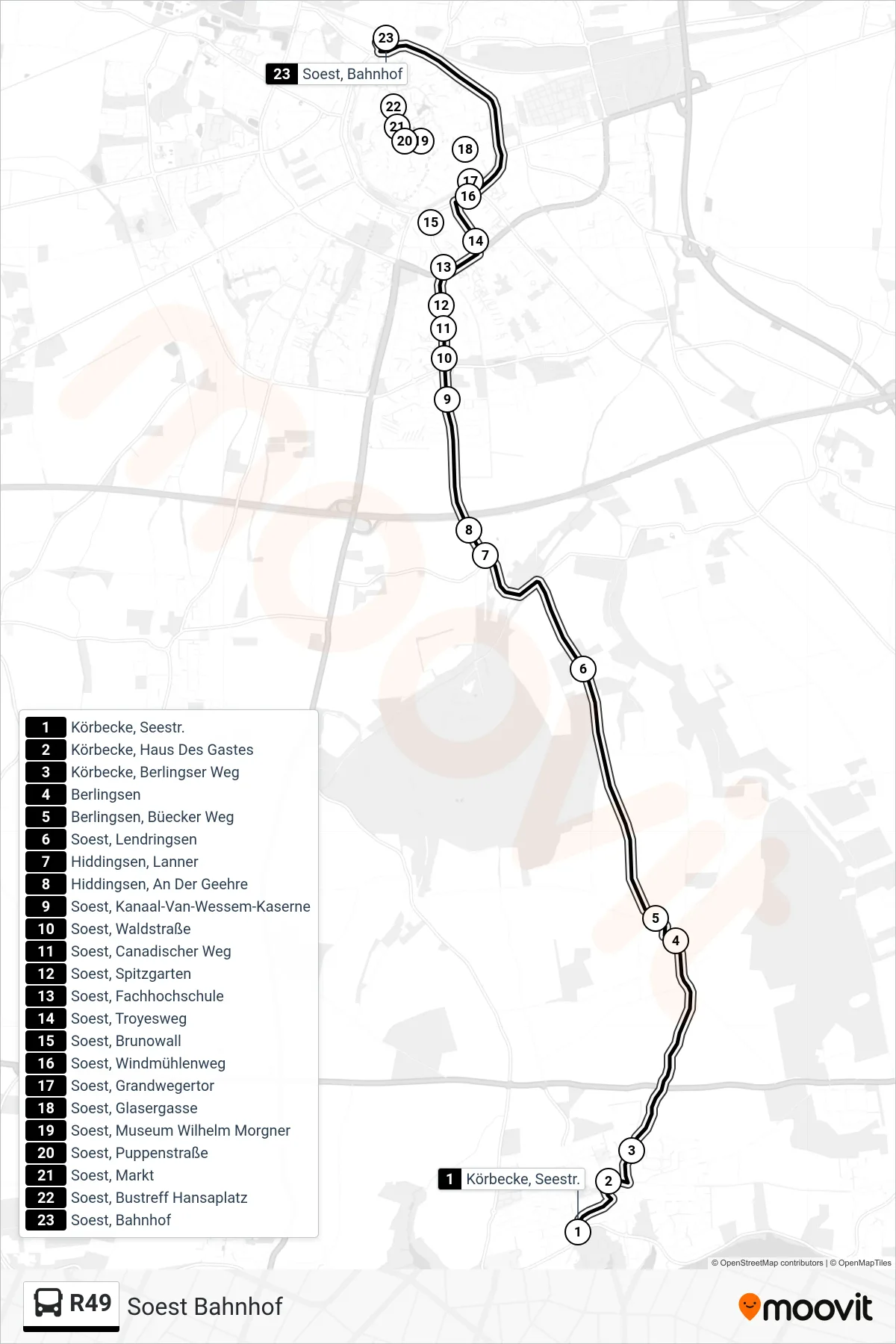 R49 bus Line (Soest Bahnhof) route and stops on a map