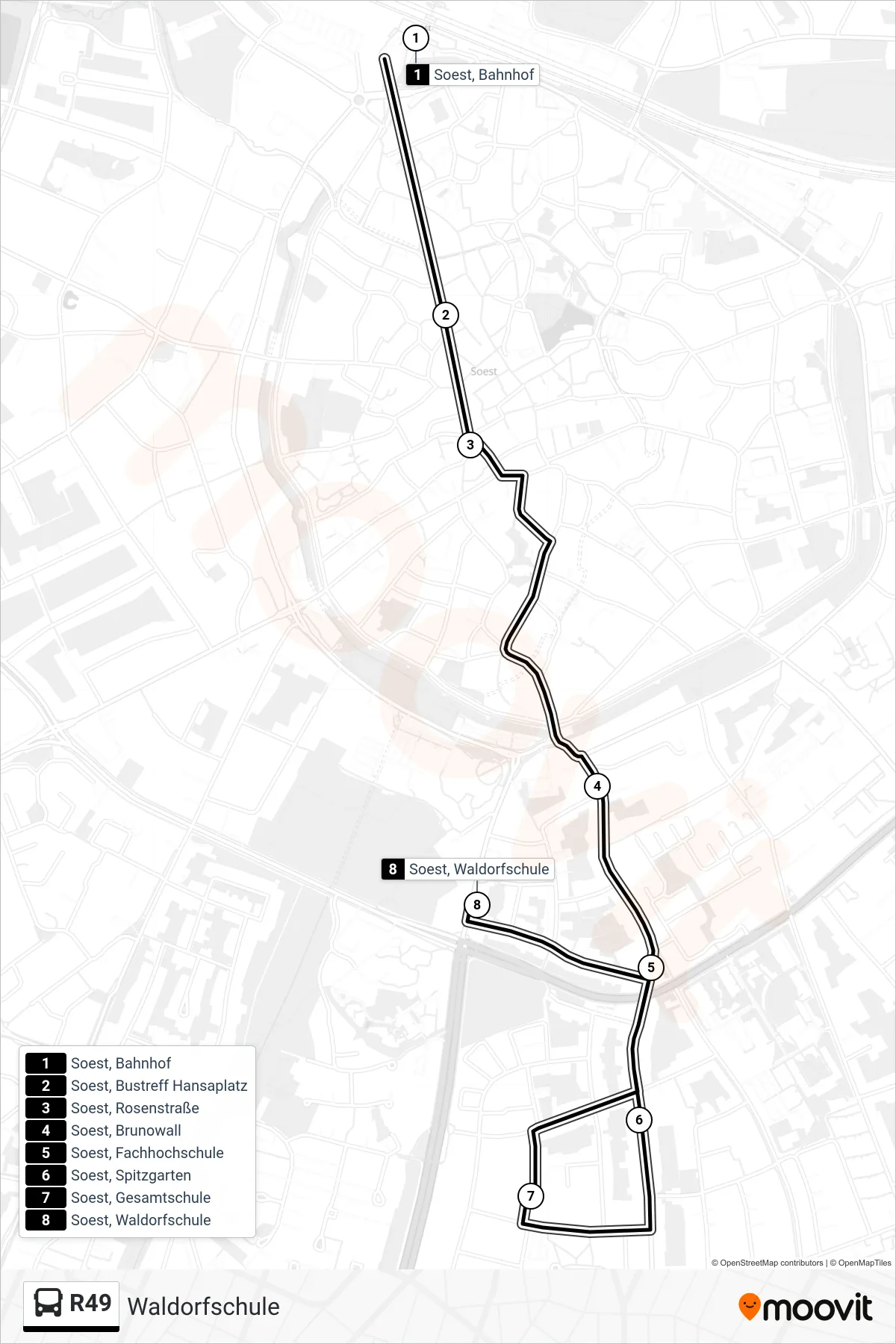 R49 bus Line (Waldorfschule) route and stops on a map