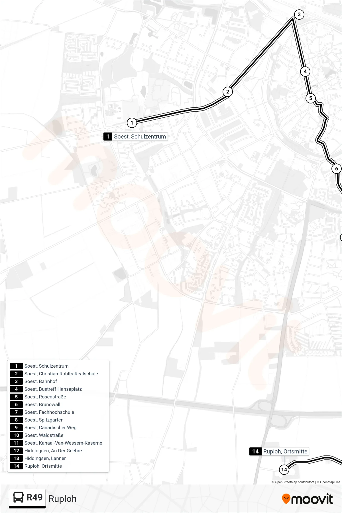 Linie R49 (Bus) Richtung Ruploh: Route und Haltestellen auf der Karte