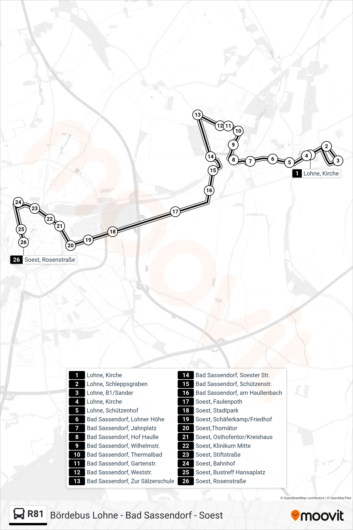 R81 bus Line (Soest, Rosenstr.) route and stops on a map