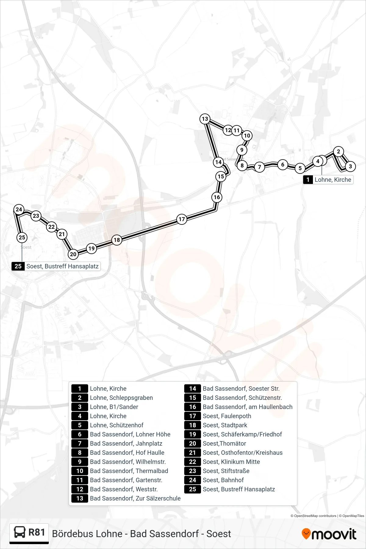 R81 bus Line (Soest Hansaplatz) route and stops on a map