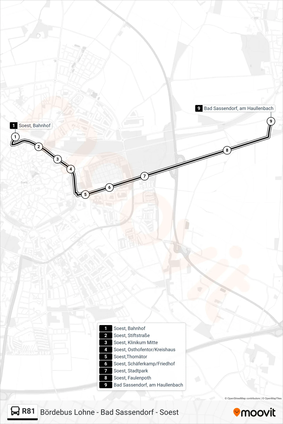 R81 bus Line (Bad Sassendorf) route and stops on a map