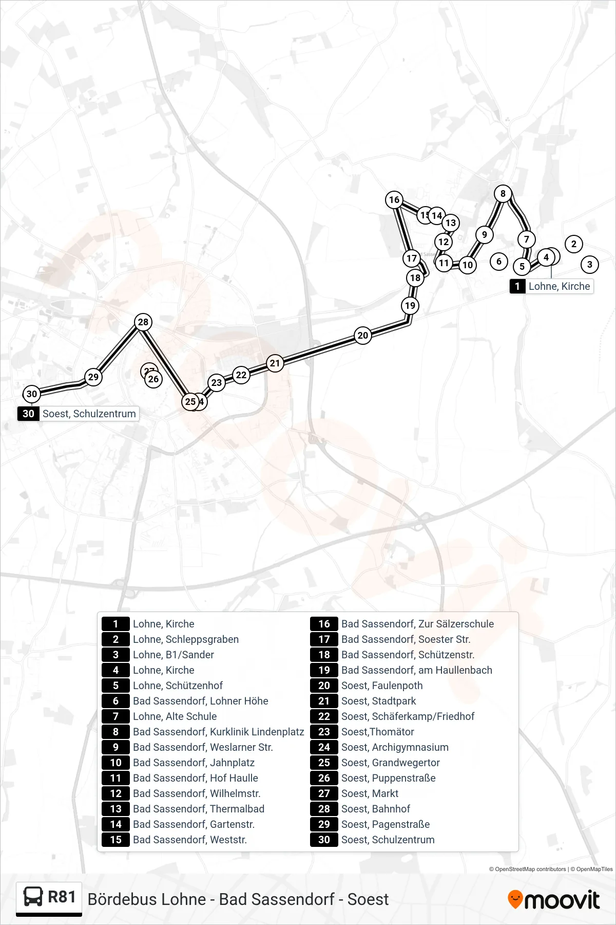 R81 bus Line (Soest Schulzentr) route and stops on a map