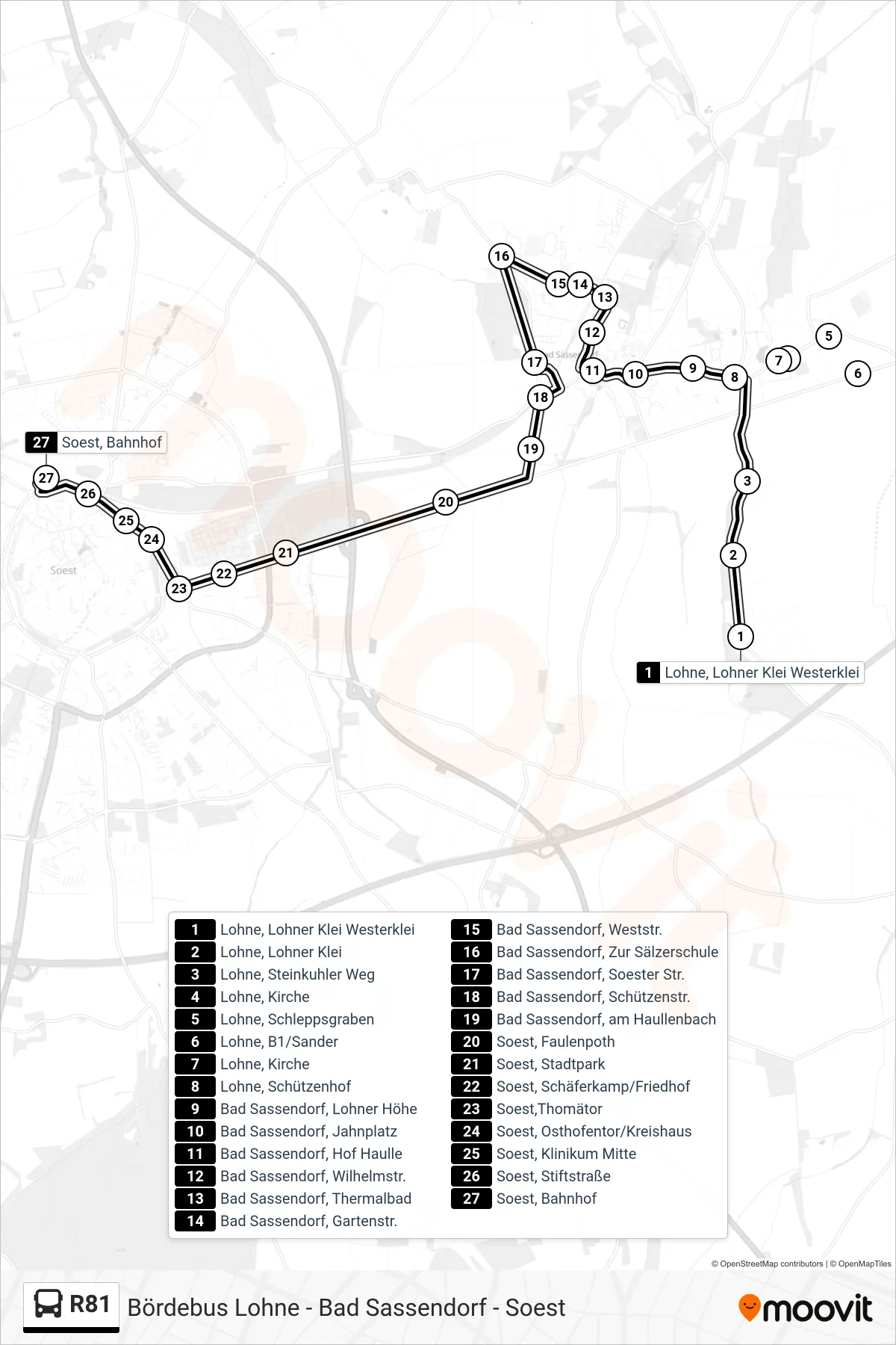 R81 bus Line (Soest Bahnhof) route and stops on a map