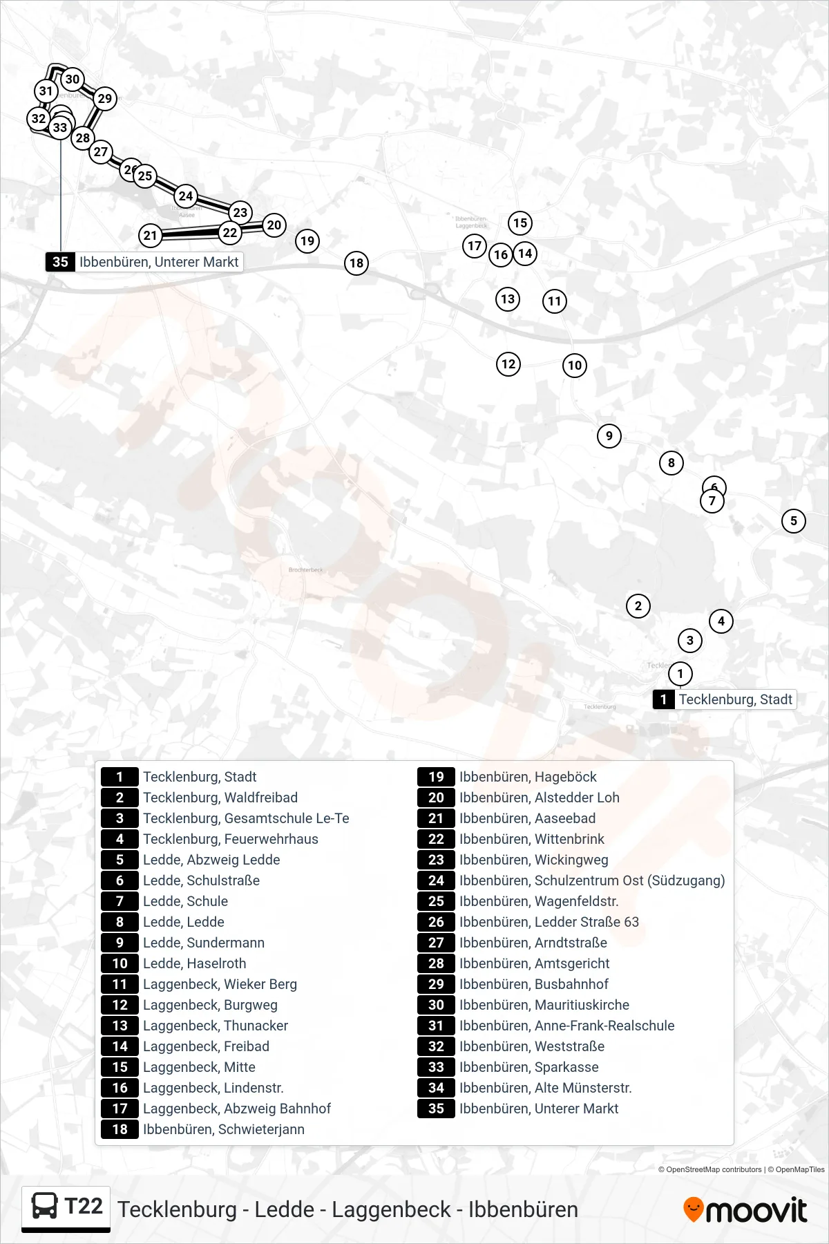 T22 bus Line (Ibbenbüren, Unterer Markt) route and stops on a map