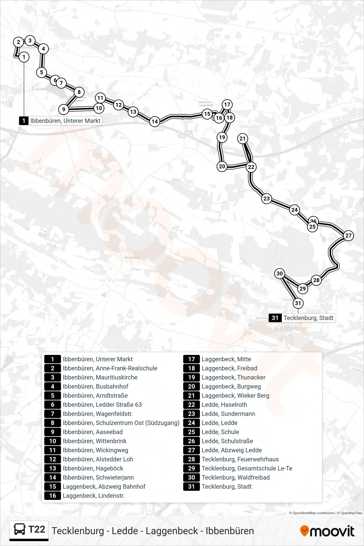 T22 bus Line (Tecklenburg, Stadt Bstg B) route and stops on a map