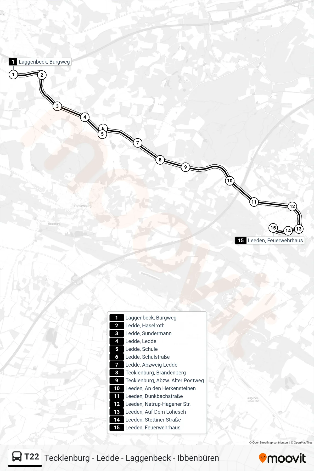 T22 bus Line (Leeden, Feuerwehrhaus) route and stops on a map