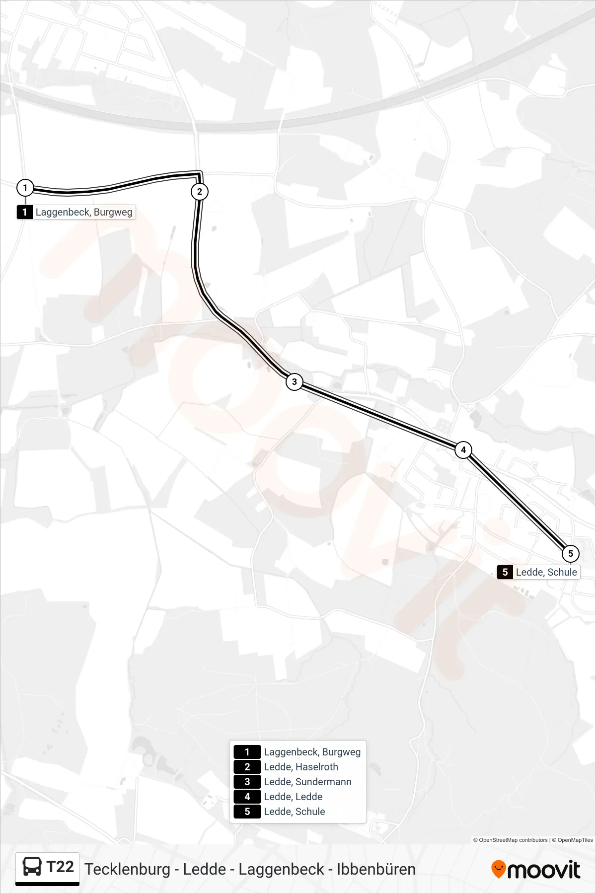 T22 bus Line (Ledde, Schule) route and stops on a map