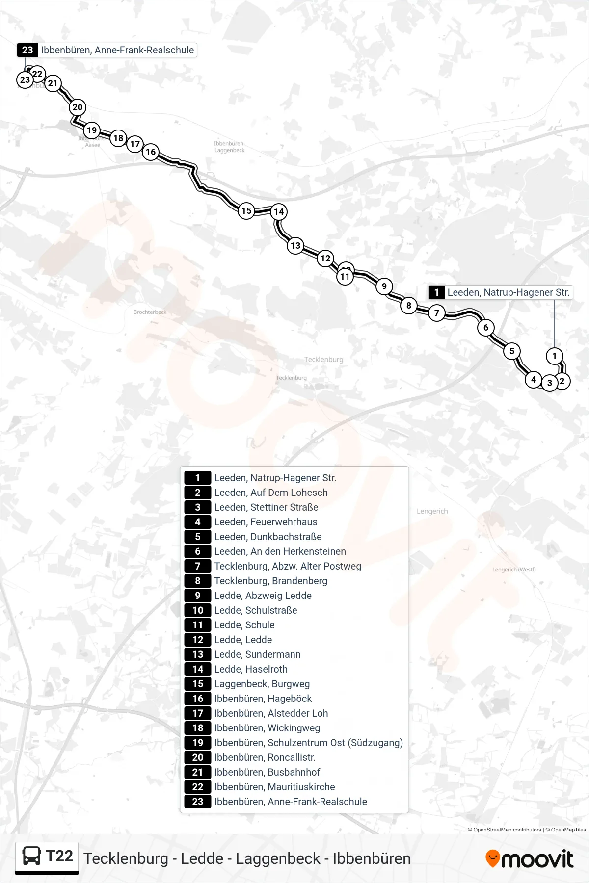 T22 bus Line (Ibbenbüren, Anne-Frank-Realschule) route and stops on a map