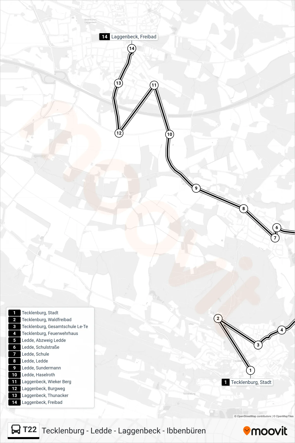 T22 bus Line (Laggenbeck, Freibad) route and stops on a map