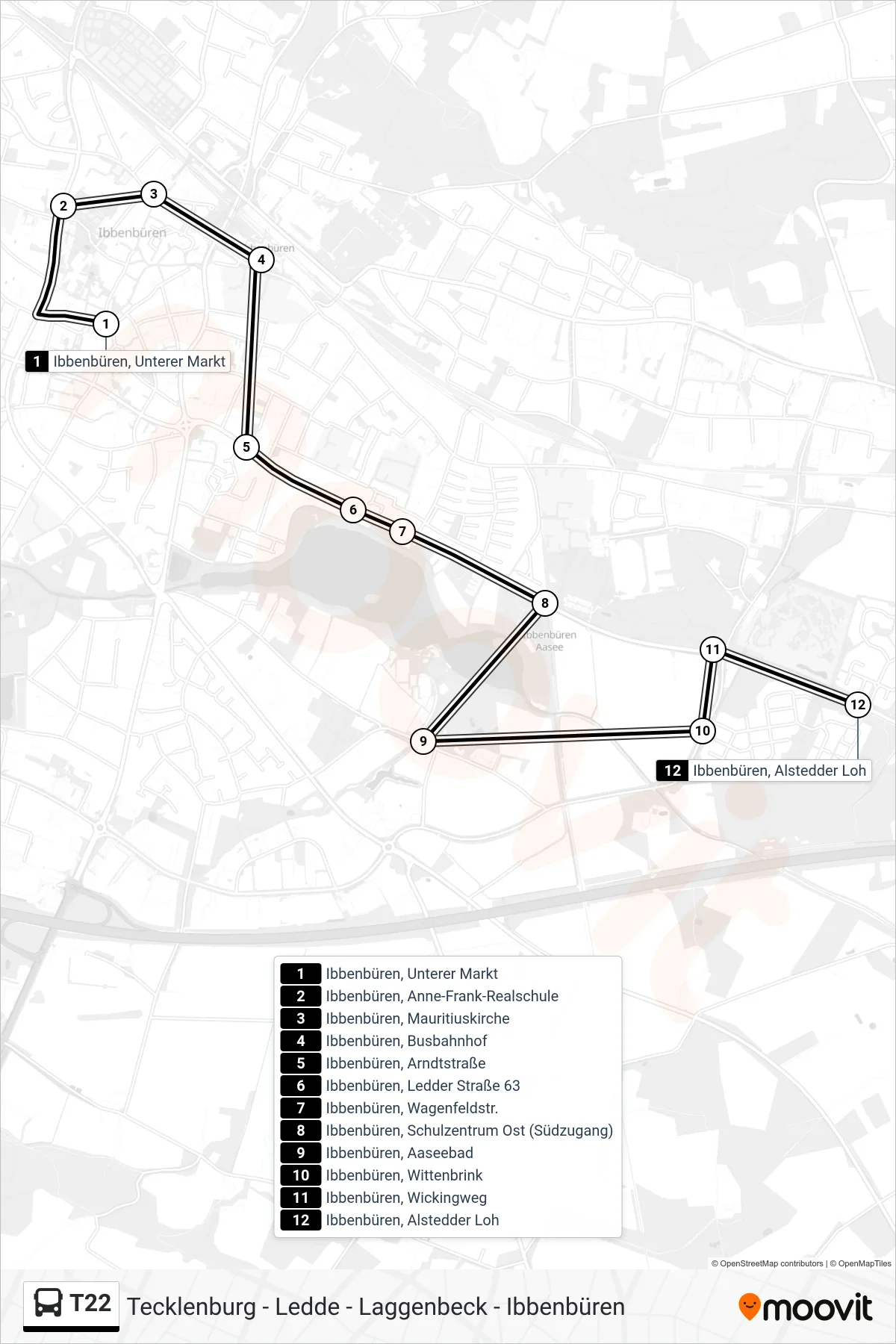 T22 bus Line (Ibbenbüren, Alstedder Loh) route and stops on a map